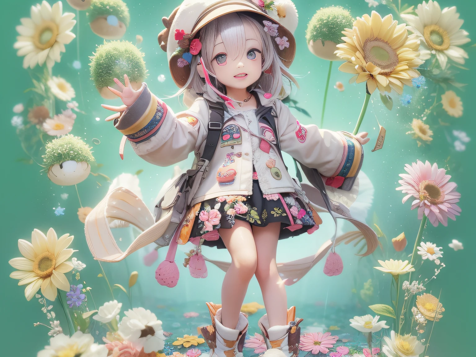 a Super cute girl ,Wearing a floral dress,Wearing boots,Wearing a hat and earphones,big watery eyes,full body,looking at viewer,open hands,MD clothing, clothing wrinkles,clean background,dreamy,excited,super cute girl IP by pop mart ,high detail ,hyper quality,Bright color,mockup blind box toy,disney style ,fine luster,3D render,oc render,best quality ,bright,front lighting,Face Shot,fine luster,ultra detoiled ,8k,