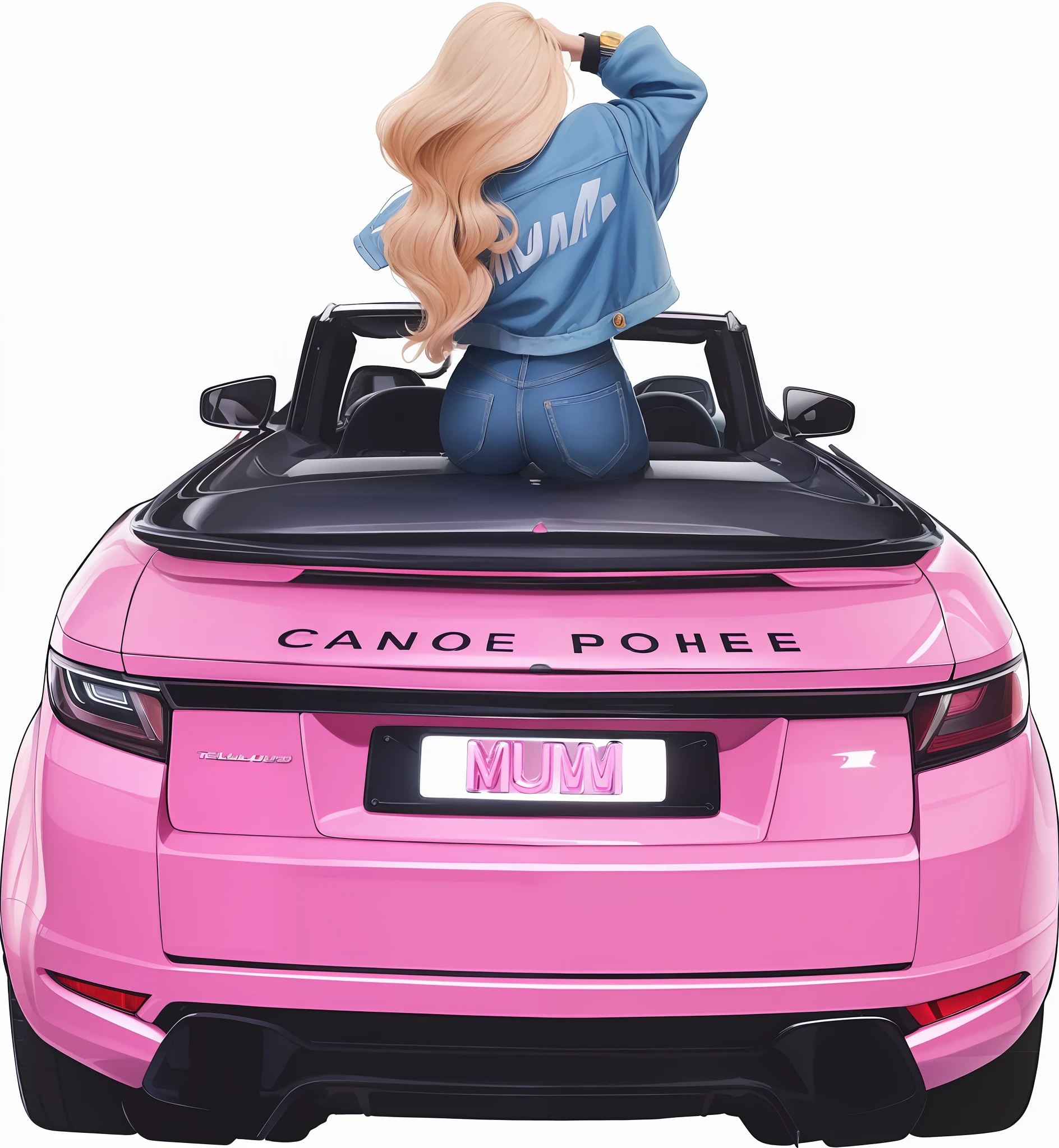 um close up de um carro rosa com uma mulher em uma jaqueta azul no topo, Barbie, futuro!!, in illustration style digital, fundo do telefone, sentada em seu carro, ultra hd, 8k, gta v style,