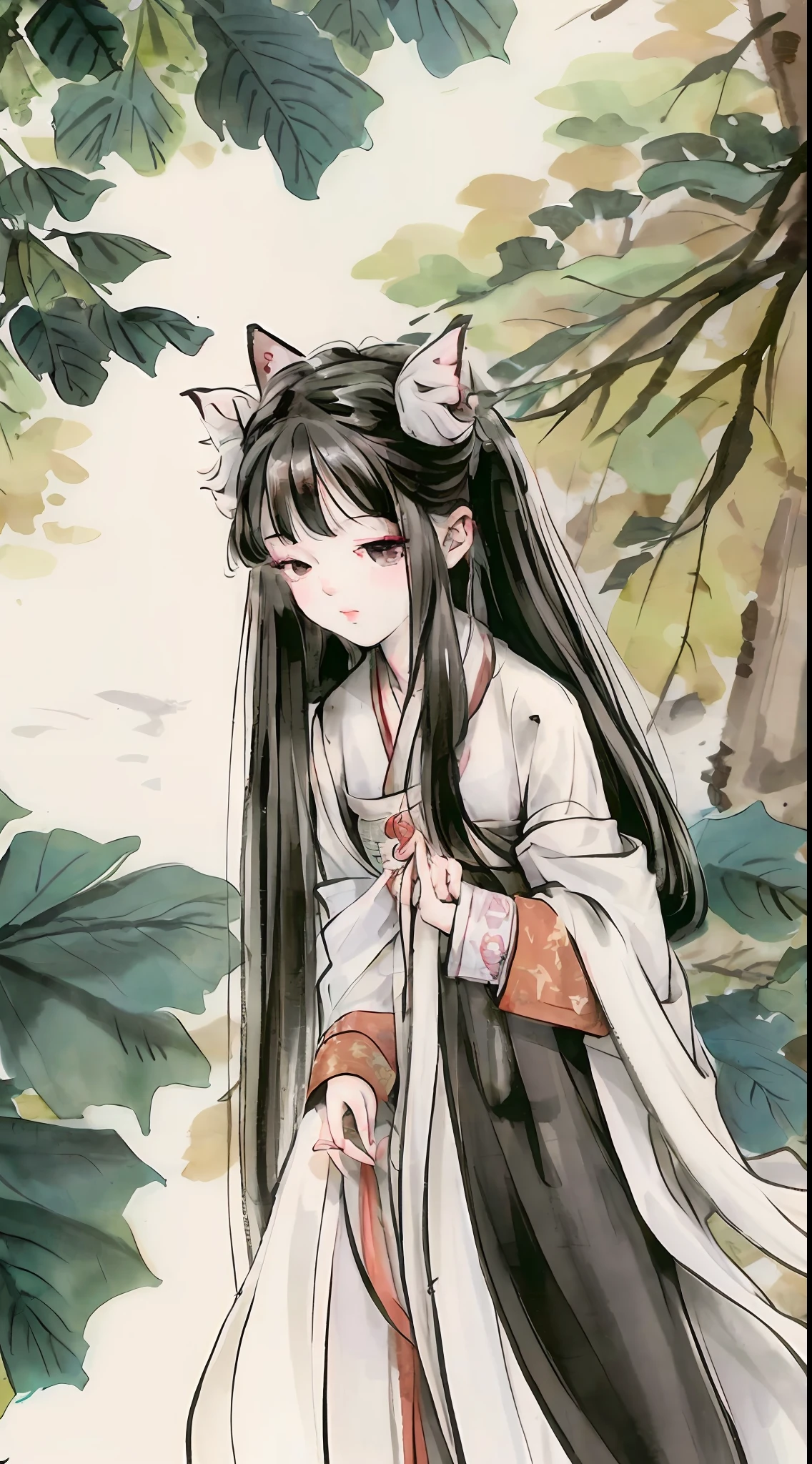 ((4k,masterpiece,best quality)), shuimobysim, Traditional chinese painting, lotuses, Hanfu, maxiskit, dress conservatively 1 girl, 独奏, whaite hair, long whitr hair, fox ear, white colors, The fish, Many fish are close to the girl, looking at viewert, Titillating