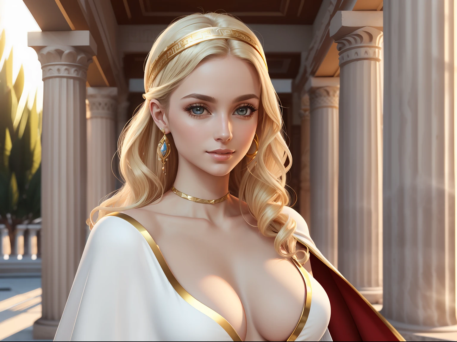 Waist up photo. Realistic photo of a unique Greek Goddess Aphrodite (solitary), (Beautiful young woman), (seductive smile), (Caucasian man, 25 years old), (soft and delicate facial features), (curvaceous female figure), (shapely breasts ), (golden headband in her hair), gorgeous god, deity, (long hair), (wavy hair), (light blonde hair), (pale skin), (big eyes), (bright eyes), (seductive gaze) , (elegant ancient greek tunic), (neckline on the chest), (white Greek robe), (long red cape), (golden jewels), ((masterpiece)). Professional photo, waist up photo, ultra sharp focus on the woman. RAW analog photography, 80mm f2.8 lens, sunny day lighting, Olympus background of the Greek gods, masterpiece, best quality, ultra detailed, 8k, intricate details, minute details, details depiction, realistics details, --ar 4:3 - imagine --lora --lyriel --semi-realistic