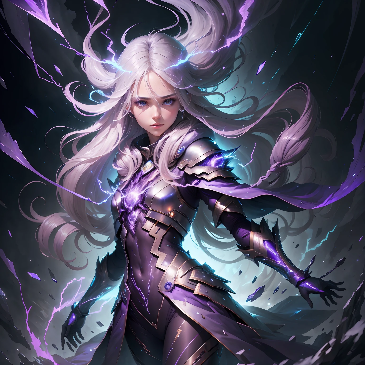 A girl, shiny silver hair, extra-long hair, delicate face, delicate eyes, icy environment, blue-purple environment, surrounded by many blue-purple lightning bolts, explosive lightning elements floating in front of the body, dreamy, mysterious, 8k, full body