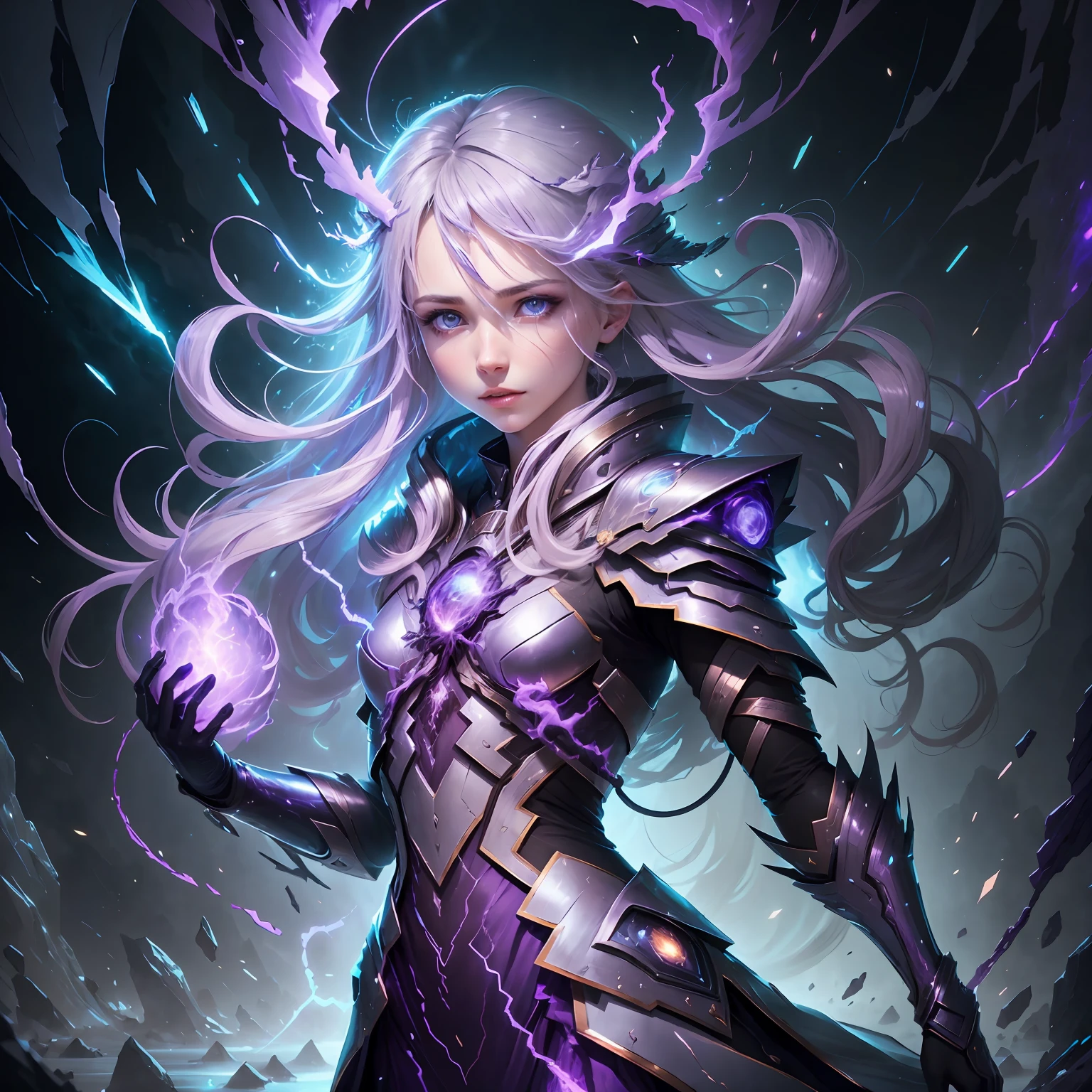 A girl, shiny silver hair, extra-long hair, delicate face, delicate eyes, icy environment, blue-purple environment, surrounded by many blue-purple lightning bolts, explosive lightning elements floating in front of the body, dreamy, mysterious, 8k, full body