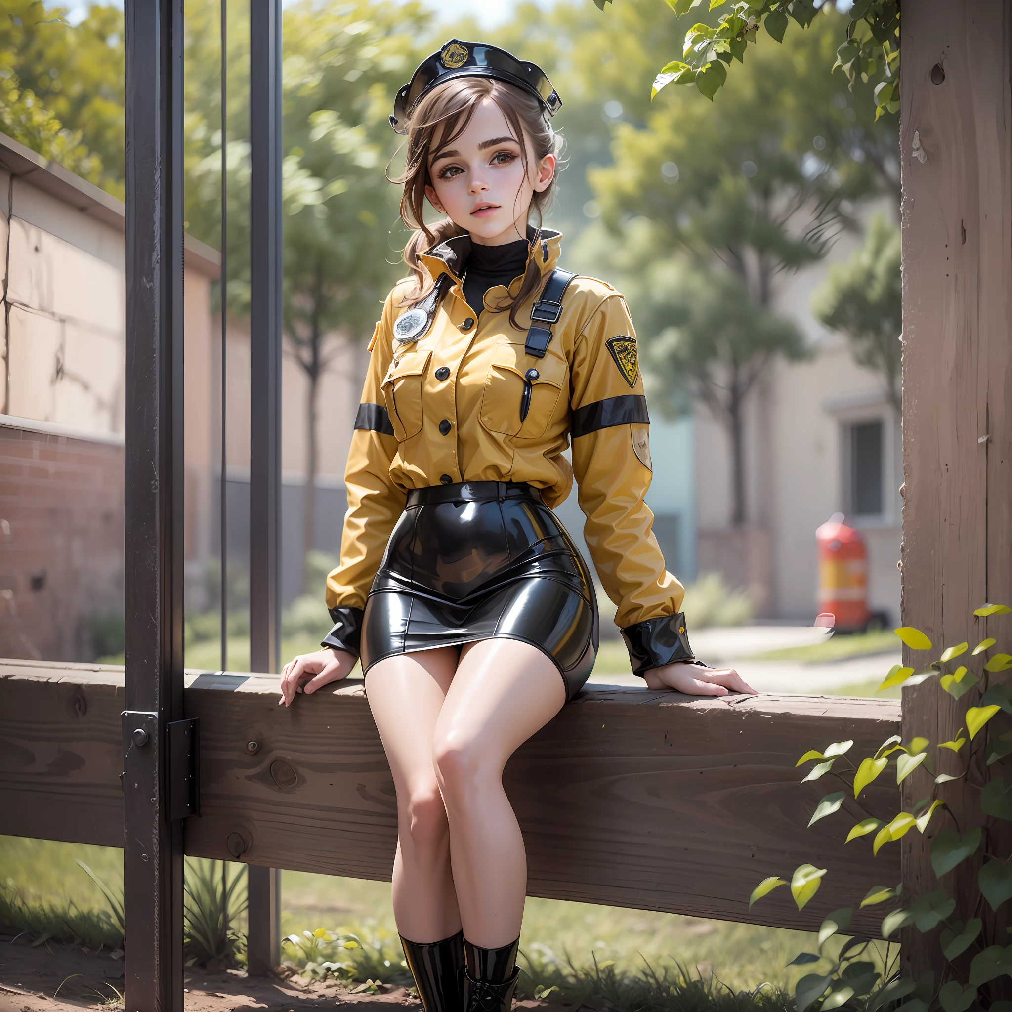a hauntingly beautiful teen emma watson as firefighter girl sitting on a fence in the patio. her vibrant and youthful features create a striking juxtaposition of ethereal beauty. tight latex uniform pleated skirt.