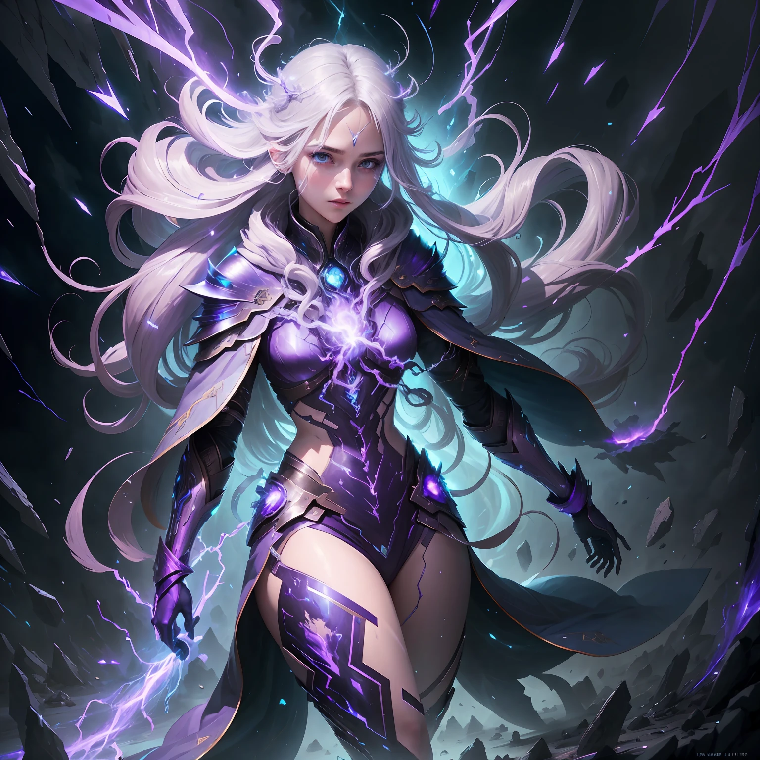 A girl, shiny silver hair, extra-long hair, delicate face, delicate eyes, icy environment, blue-purple environment, surrounded by many blue-purple lightning bolts, explosive lightning elements floating in front of the body, dreamy, mysterious, 8k, full body