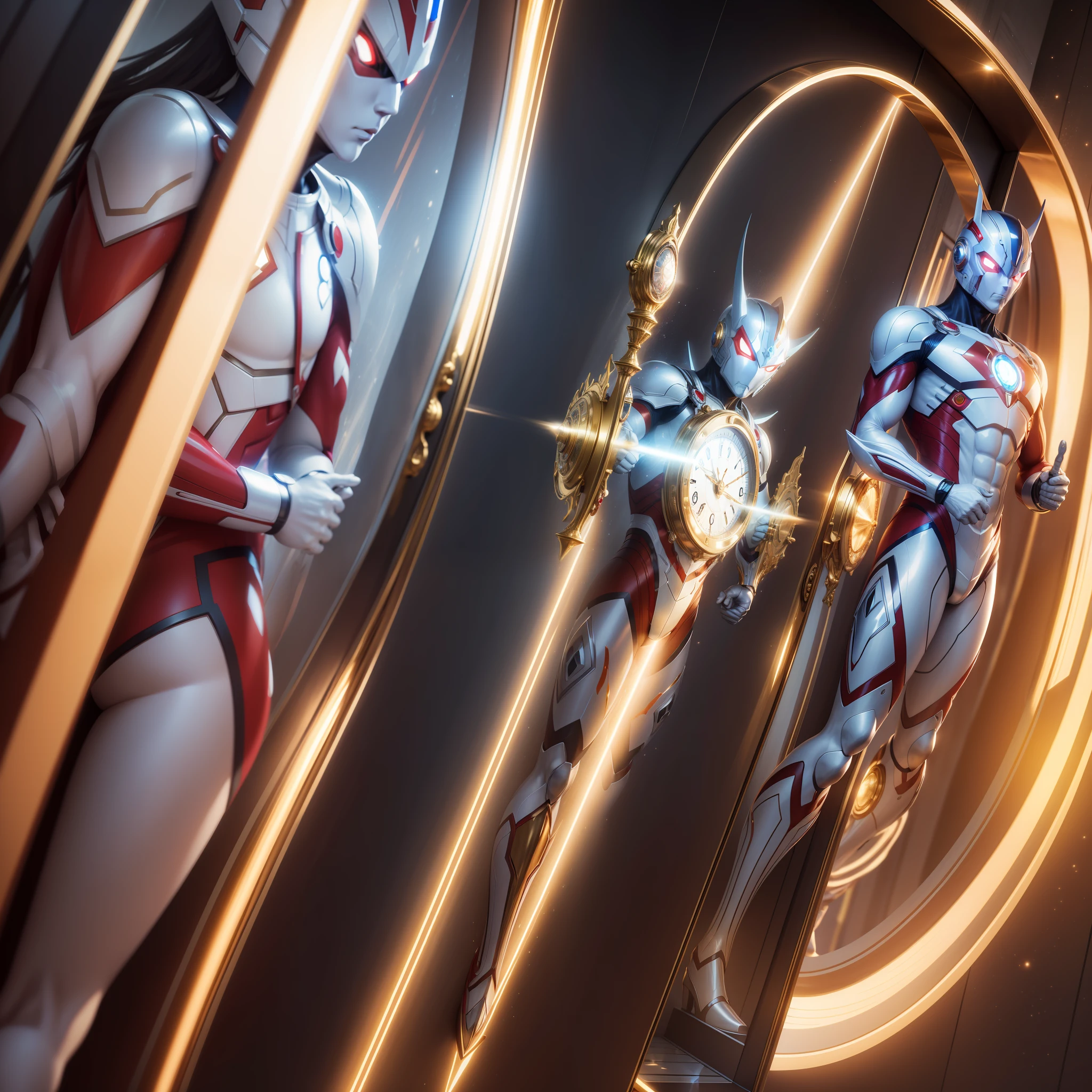 Ultraman holds a golden clock, reflection light, Wide-Angle, UHD, masterpiece, ccurate, super detail, high details, high quality, best quality, highres, 16k