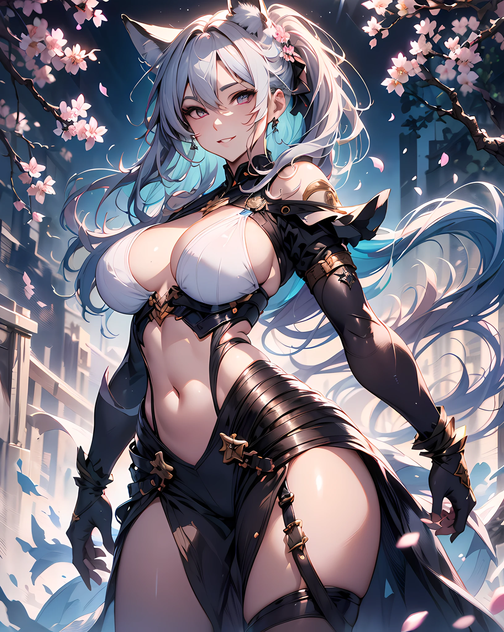A extremely gorgeous and beautiful fox-girl, ((cowboy shot:1.3)), Splattered playing lots of colorful cherry blossom petals background, garden background, Ultimately Masterpiece, Best quality, Ultra-detailed, Ultra-realistic, Hyper realistic concept art by ufotable, 8K resolution concept art intricately detailed, insanely detailed, abstraction watercolor painting background, 3d render ultra detailed of a beautiful porcelain Front woman face, Luxury Beautiful Style, nice perfect face with soft fair skin perfect face, silver hair, Attractive full body proportions, fox-tail, Attractive posing, ultra sharp image, centered image, trending on Artstation and pixiv, (concept art by Alberto Seveso, Anna Dittmann, Kuciara, Donato Giancola, Johnson ting), 8 life size, bokeh, clean brush stroke, face light, back light, looking the viewer, facing the viewer, unreal engine, octane render, digital painting, magic scene, HDR, luminous studio engine, (slow motion:1.3), light grin smile, wind,