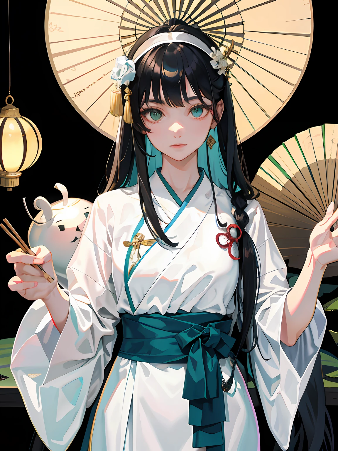 (tmasterpiece,best qualtiy)A detailed,Character,Lots of items(The same person,Lanterns,Sugar gourd,Hanfu,White porcelain bowl,A pair of chopsticks,Many parts),A girl with long black hair,Long face shape,Do not show your ears,Hand carving(Five fingers),no headwear,Positive perspective,Eye shape(dropping eyes),Green-eye details,The expression is grim,be full of details,full bodyesbian,Standing illustration