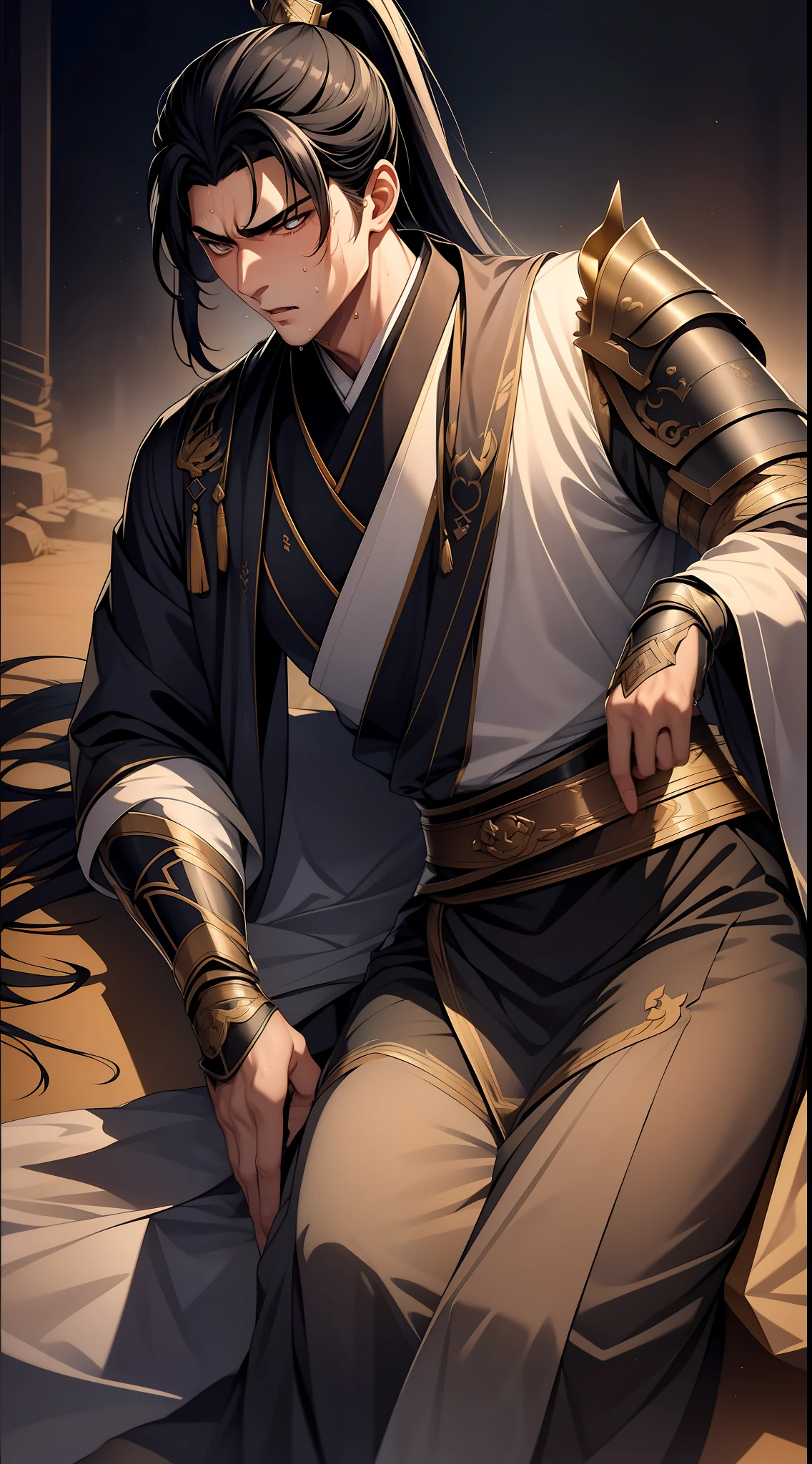 quadratic element,style of anime,mtu(Male Warrior),musculature,The proportions are correct,Face details,swordsmen,High ponytail hairstyle,perspired,Sweat on the face,drools,Neck details,There is an Adam's apple,Get wet,Drenched,Black Hanfu,kaftan,Embroidered robes,Black robe,clothes details,Handing over,longer sleeves,Game quality,Swordsmanship,Light and shadow tracking,Ray traching,detailed glow,cg render,hair detail,cabelos preto e longos,Golden eyes,Sweat on the face,Handsome,Handsome,Beads of sweat slipped down my neck,(juvenile sense),Clothing is complicated,Drenched,Get wet,Perfectcomposition,Refinement,high qulity,higher details,Lots of details,The background is complex,a sense of atmosphere,
