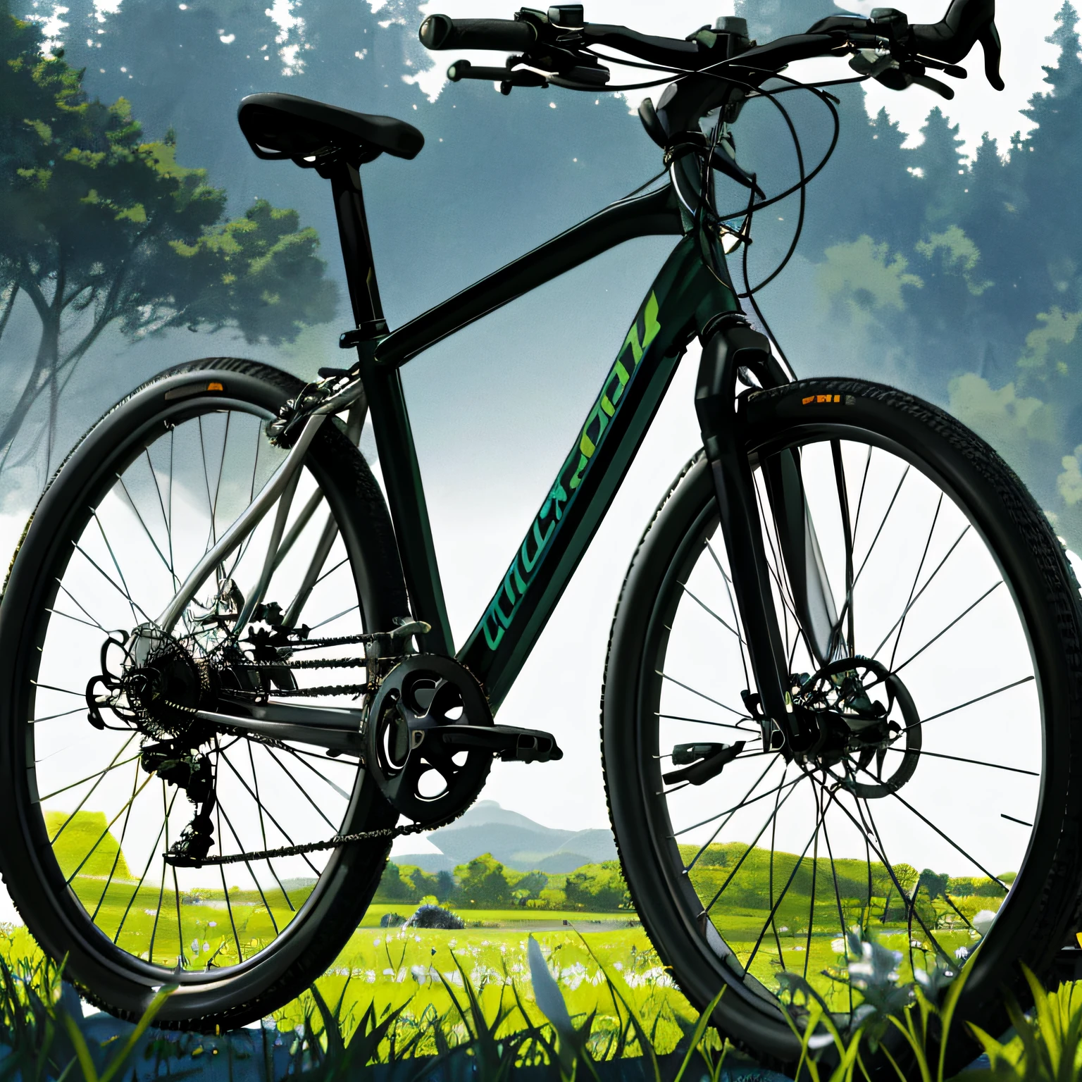 Green meadow park background，Light creek，green meadows，Close-up of the bike，Super realistic，bikes，photorealestic，realisticlying，very realistic，epic lighting，Steel gray body，motivational，Powerful details，photograph realistic，Close-up of the bike，scenic full shot，a wide full shot，full frame，Medium shot，The main body is a bicycle，Refer to bike placement