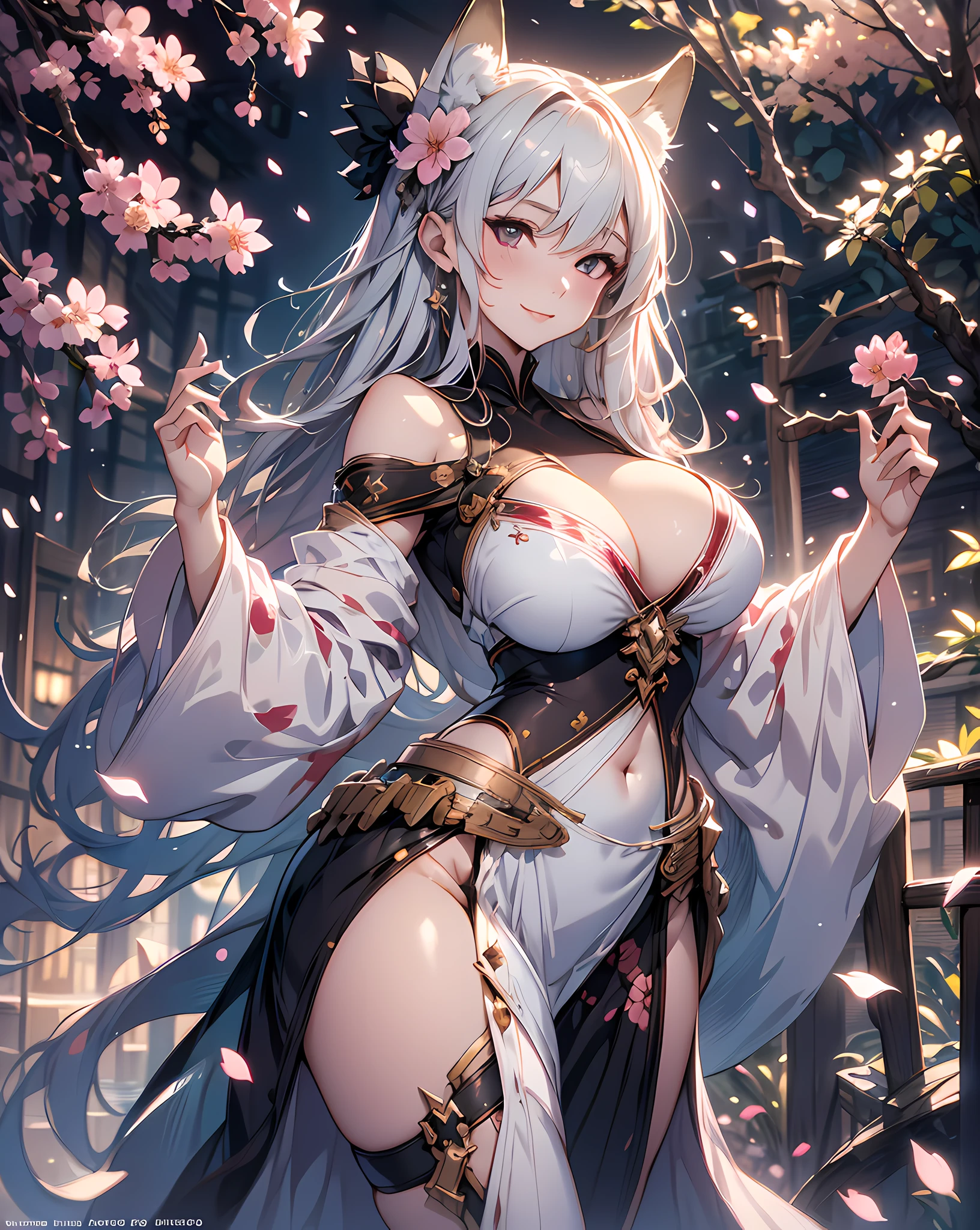 A extremely gorgeous and beautiful fox-girl, ((cowboy shot:1.3)), Splattered playing lots of colorful cherry blossom petals background, garden background, Ultimately Masterpiece, Best quality, Ultra-detailed, Ultra-realistic, Hyper realistic concept art by ufotable, 8K resolution concept art intricately detailed, insanely detailed, abstraction watercolor painting background, 3d render ultra detailed of a beautiful porcelain Front woman face, Luxury Beautiful Style, nice perfect face with soft fair skin perfect face, silver hair, Attractive full body proportions, fox-tail, wearing a white off-shoulder kimono, Attractive posing, ultra sharp image, centered image, trending on Artstation and pixiv, (concept art by Alberto Seveso, Anna Dittmann, Kuciara, Donato Giancola, Johnson ting), 8 life size, bokeh, clean brush stroke, face light, back light, looking the viewer, facing the viewer, unreal engine, octane render, digital painting, magic scene, HDR, luminous studio engine, (slow motion:1.3), light grin smile, wind,