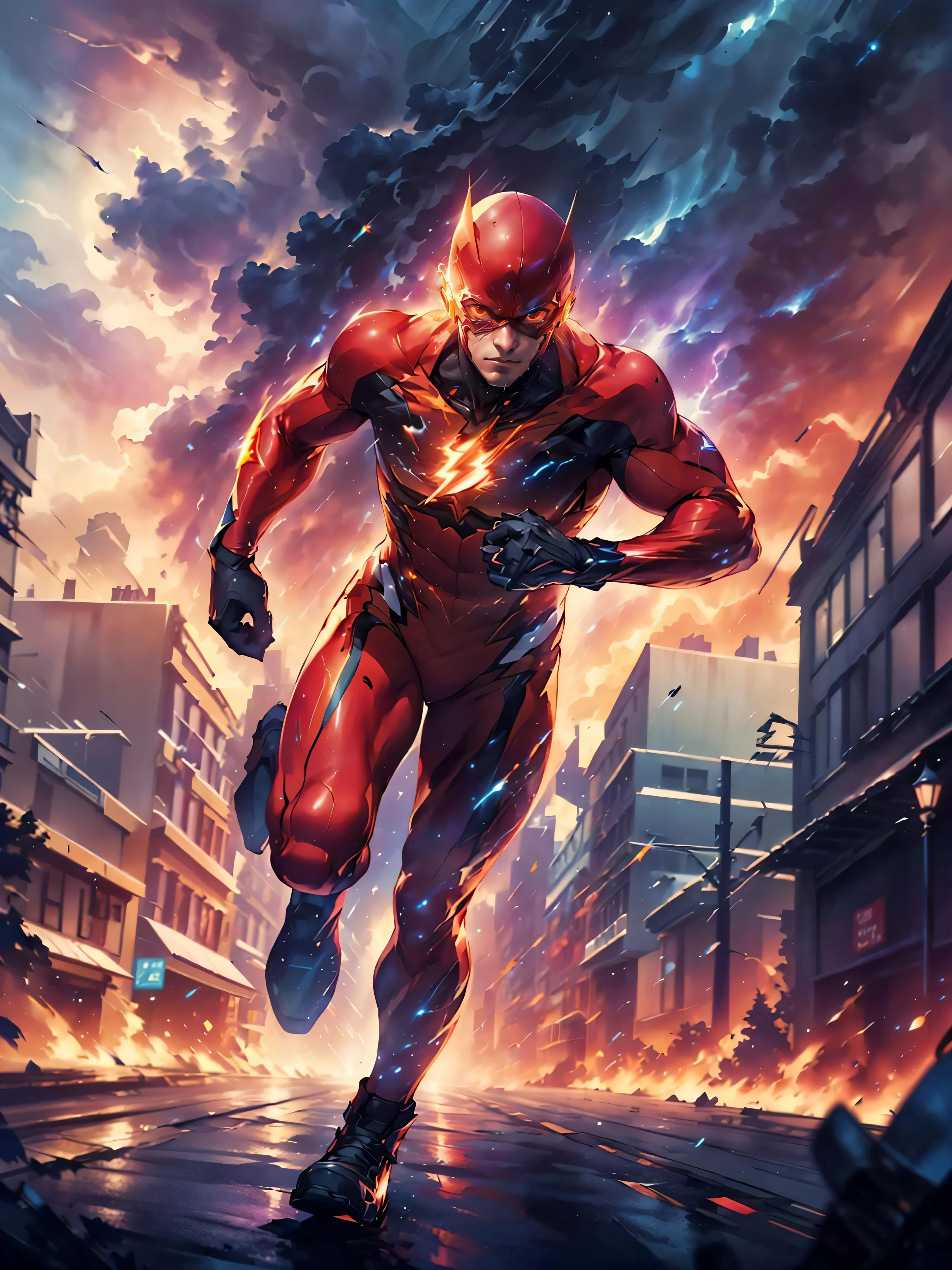 masterpiece,64k,hdr,uhd,high quality,cg,highly detailed,highres,2D,illustration,ray tracing,
1boy,(the-flash red suit:1.1),(the-flash running in main street,Speed Force:1.1),
new york city,skyscraper,after rain,
dynamic angle,looking at viewer,