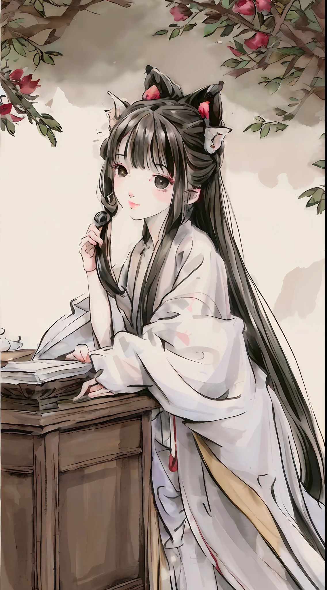 ((4k,masterpiece,best quality)), shuimobysim, Traditional chinese painting, lotuses, Hanfu, maxiskit, dress conservatively 1 girl, 独奏, whaite hair, long whitr hair, fox ear, white colors, The fish, Many fish are close to the girl, looking at viewert, Titillating