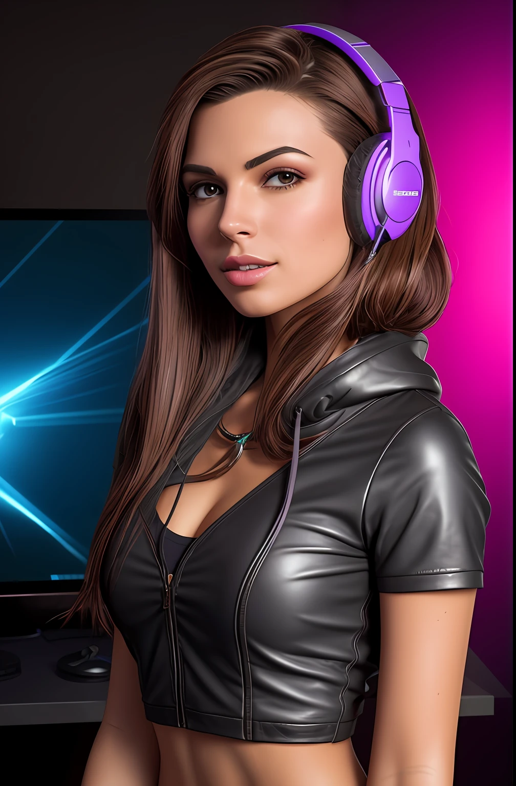 long straight dark brown haired gamer girl leaning into the camera, photo from front above, dark red hoodie, straight hair, large leather gamer headphones, medium breasts, skintight black top:1.2, cleavage, purple bra:1.2, looking at viewer, soft colors, cinematic lighting, perfect anatomy:1.2, round breasts:1.2, well-organized, neat:1.2, perfect proportions,