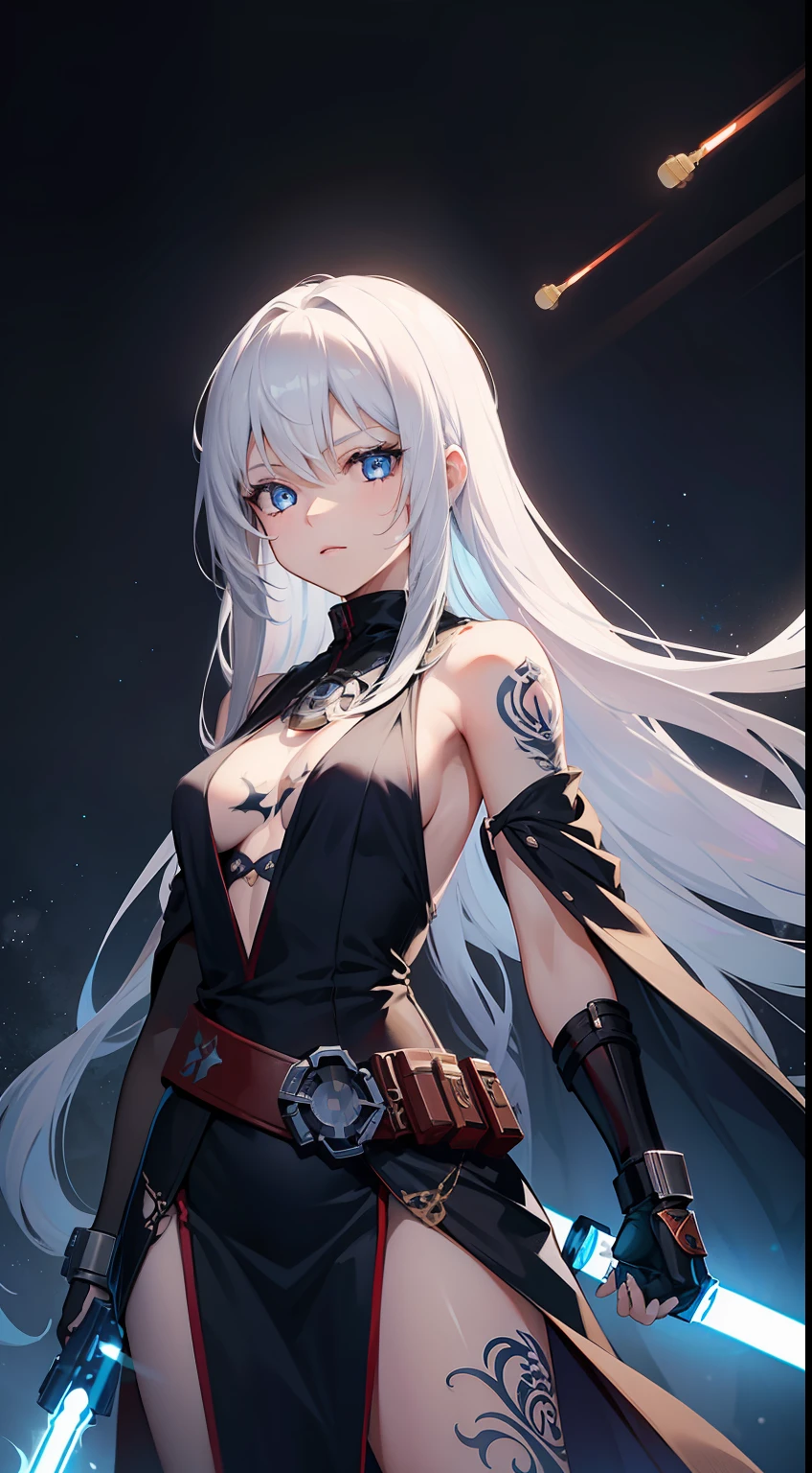 young girl, Long white hair, blue eyes, Tattoos are white, Sleeveless Jedi Mantle, open breasts, Lightsaber, Masterpiece, hiquality