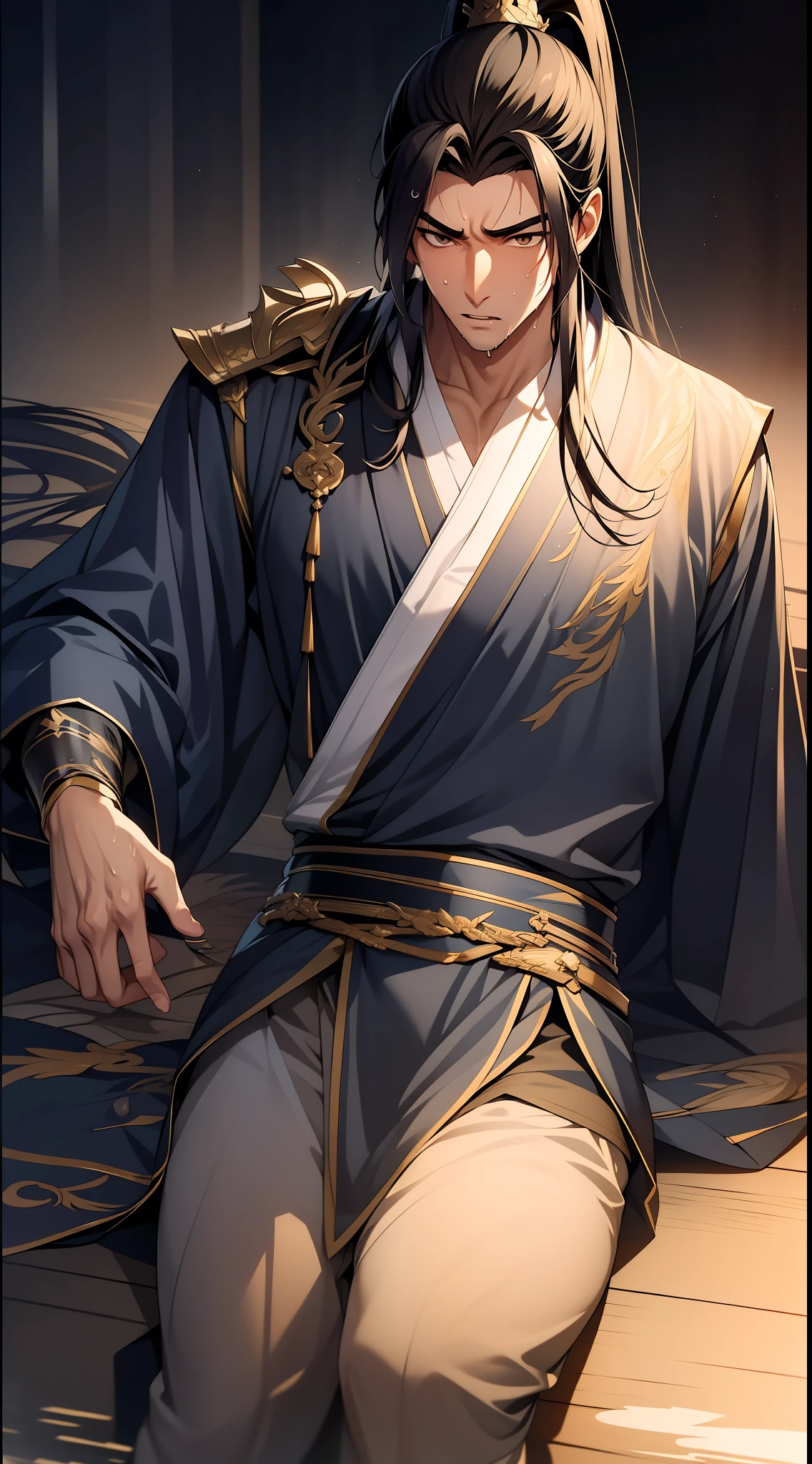 quadratic element,style of anime,mtu(Male Warrior),musculature,The proportions are correct,Face details,swordsmen,High ponytail hairstyle,perspired,Sweat on the face,drools,Neck details,There is an Adam's apple,Get wet,Drenched,Black Hanfu,kaftan,Embroidered robes,Black robe,clothes details,Handing over,longer sleeves,Game quality,Swordsmanship,Light and shadow tracking,Ray traching,detailed glow,cg render,hair detail,cabelos preto e longos,Golden eyes,Sweat on the face,Handsome,Handsome,Beads of sweat slipped down my neck,(juvenile sense),Clothing is complicated,Drenched,Get wet,Perfectcomposition,Refinement,high qulity,higher details,Lots of details,The background is complex,a sense of atmosphere,