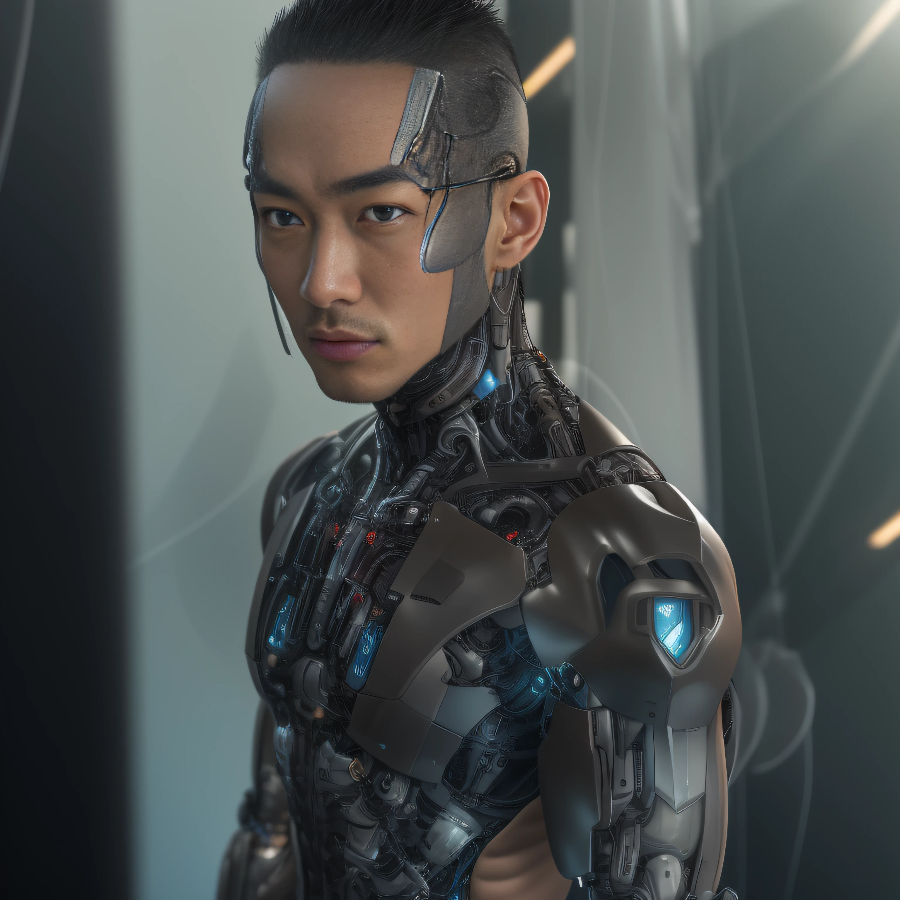(Alfed man wearing black transparent latex tong,Translucent latex tong:1.5),(Metallic body, bionic scifi alexandre ferra, cyborg neck, cyborg male, male cyborg:1.2)(cyborg fashion model, portrait of a cyborg, detailed portrait of a cyborg, cybernetic neck implant, portrait of a futuristic robot :1.3)(dystopian sci-fi character, sci - fi character, portrait of a cyberpunk cyborg:1.2)(8K,Extreme detail,Hair in extreme detail,Ultra photo realsisim,cinmatic lighting:1.1)(Asian supermodel face,Strong muscles and perfectly curved body,Extreme sexual tension,Hormonal explosion,whole body display:1.5)(Detailed and realistic skin texture:1.2)(Short hair, Short stubble masculinity,Naked muscle man,Muscular macho,No clothes on,Only a pair of thongs was worn,Extremely sexy and provocative:1.5)(The lower body is swollen and erect:1.2)