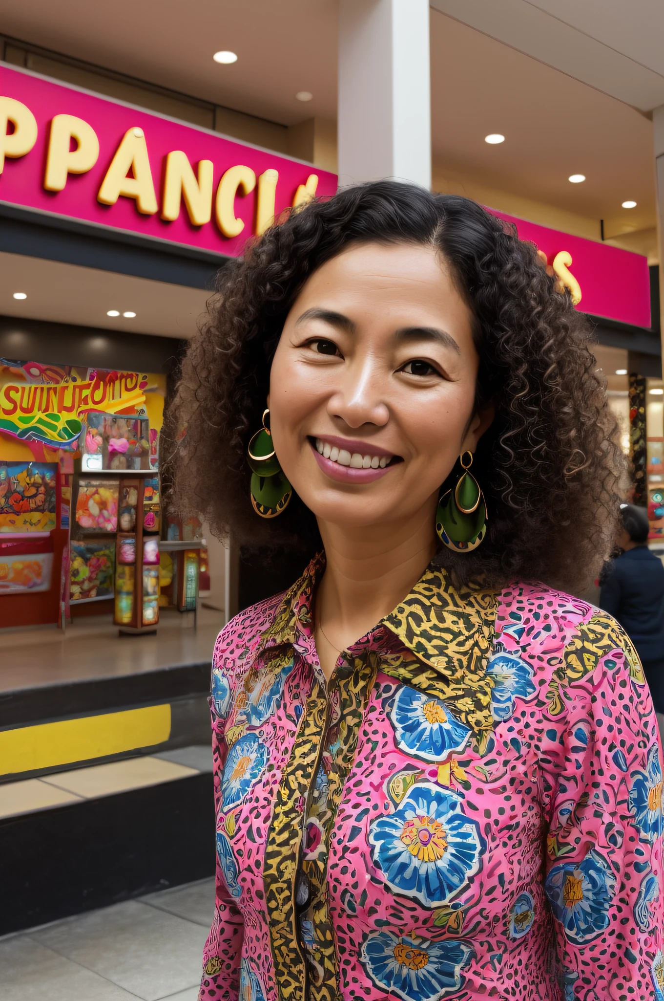 a high-quality photo of a beautiful 29-year-old woman of Pakistani, Moroccan, Bolivian, and Brazilian descent, with an olive skin tone and medium curly hair. She is wearing a simple pink wool blouse with a floral print and a pair of earrings, smiling discreetly. The background is inside a poor mall with a movie theater themed after Barbie. The shot was taken with a simple iPhone camera in 2023 and enhanced with an Instagram filter to bring out the colors and details. The atmosphere is one of beauty and grace, despite the surroundings. The artists who would be unlikely to collaborate but would juxtapose uniquely: Annie Leibovitz, Sebastiao Salgado, Ai Weiwei, Yayoi Kusama, and Jeff Koons.