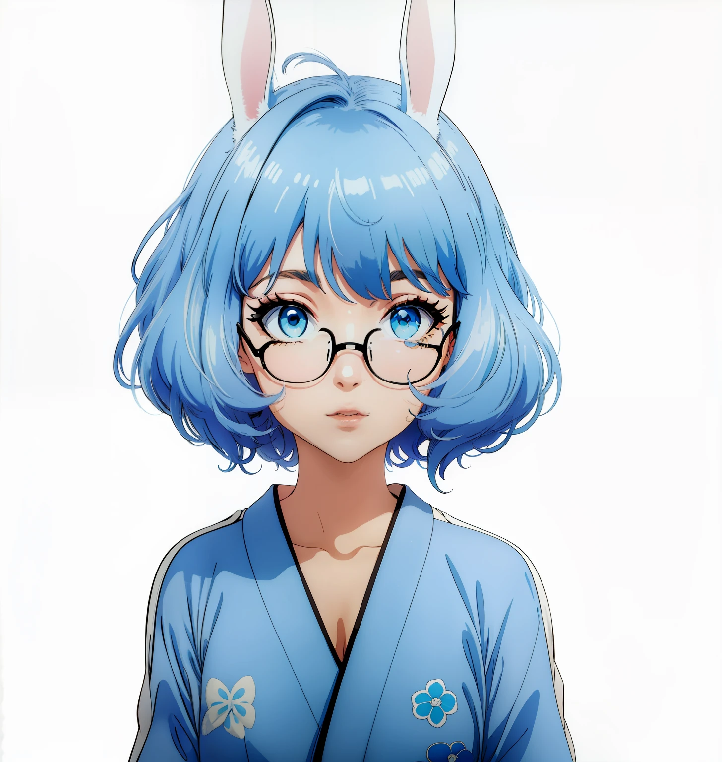 girl, teen, bunny girl, wear glasess, short hair, hair colour blue, wear kimono colour blue, good anatomy