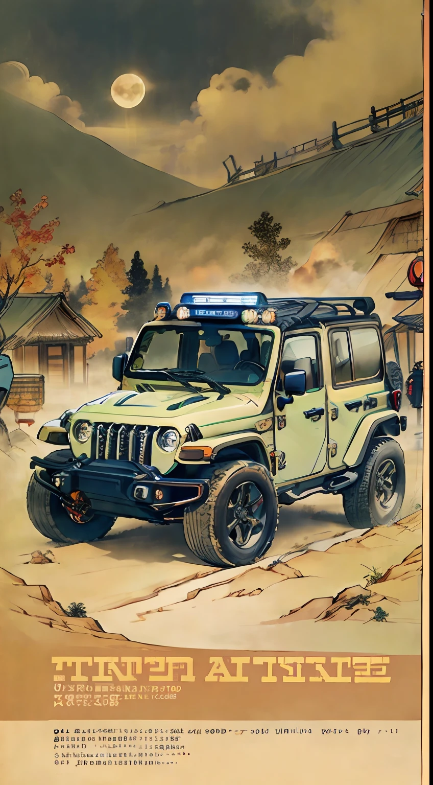 tmasterpiece,scenecy,Jeep Wrangler buggy,Mid-Autumn Festival,poster for,ads,Smart,festivity,Chinese big breasts,amarelo,Orange colors,themoon,، simple,brightly,(Magazines),(Cover style:1.3)(Magazines:1.3)illustration,text,Cover of a,element in,modern day