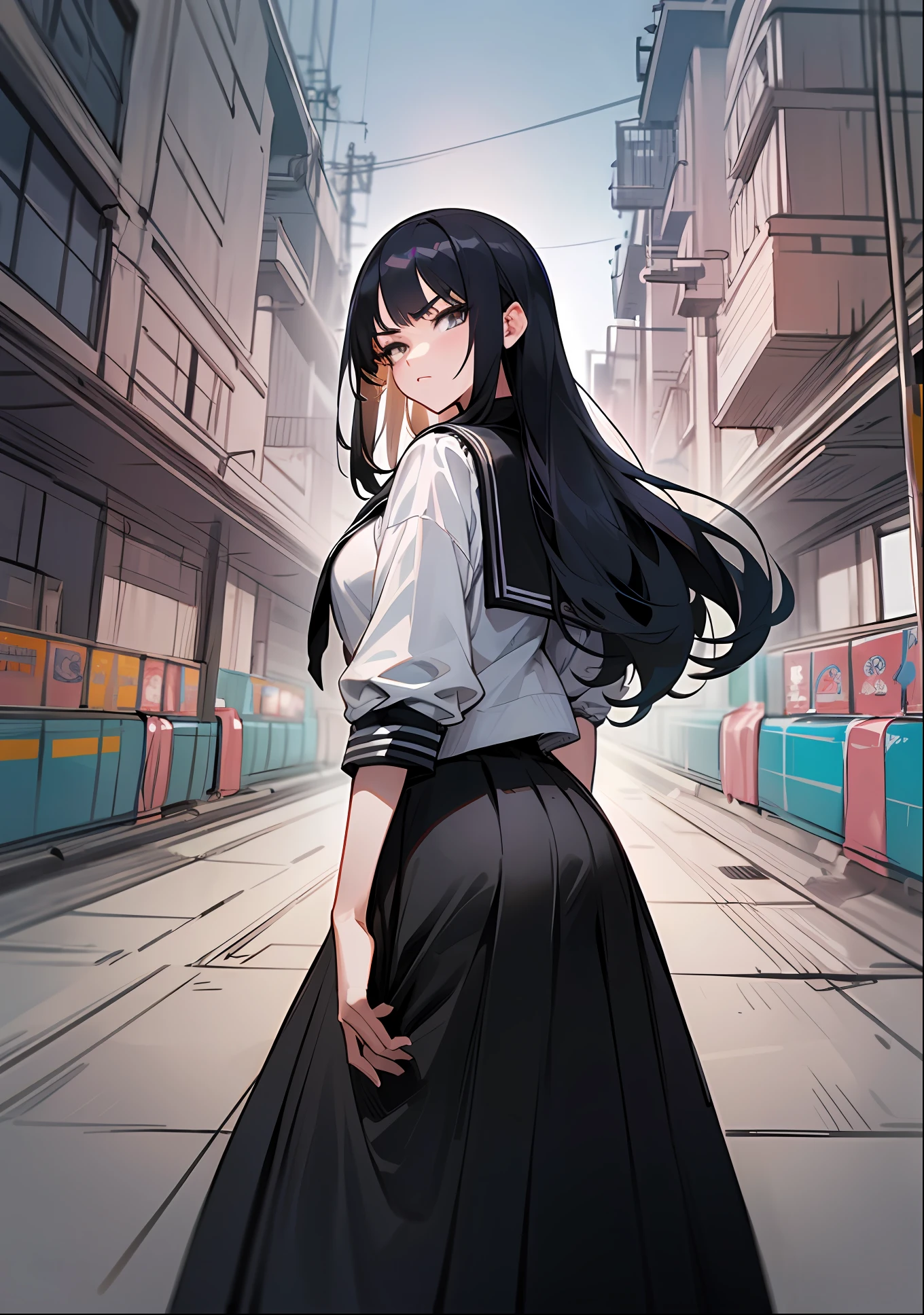 ​master piece,hyper quality, Hyper Detailed,Perfect drawing,nffsw,3D,in 8K,1 persons、a beauty girl,Wearing a black sailor suit with long black hair, pleatedskirt(Maxi skirt:1.3), standing with hands in her pockets, ((Glaring at me sharply, Condescending look from above)), Beautiful girl with an amazing face, long eyelashes, Slum、harems、(High heel sandals)、Dark eyeliner、Outrage、beatiful backgrounds、Detailed drawing、Accurate drawing、Anatomy of the human body、(((Shot from diagonally below)))、dignity、dignity、humble、domination、Strong surface