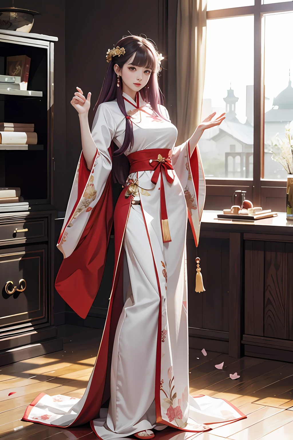 Need,tmasterpiece,A high resolution,(Delicate figure:1.5),Absolutely beautiful,(Milky skin:1.3),exquisitedetails,A high resolution,Wallpapers,1female,独奏,shift dresses,hair adornments,(Golden and red dress),florals, long whitr hair, Purple hair big breasts, ssmile,trinkets, longer sleeves, Raise Hand, Wide sleeves, Big eyes, Fluttering, Hanfu, Hanfu, embroidery, long skirt, natural poses, falling flower petals, inside in room, Fanning,lanterns,16K,HDR,A high resolution,depth of fields,(filmgrain:1.1),Bocoon,prime time,(lens flare glow),Vignette,rainbowing,(Color:1.5)