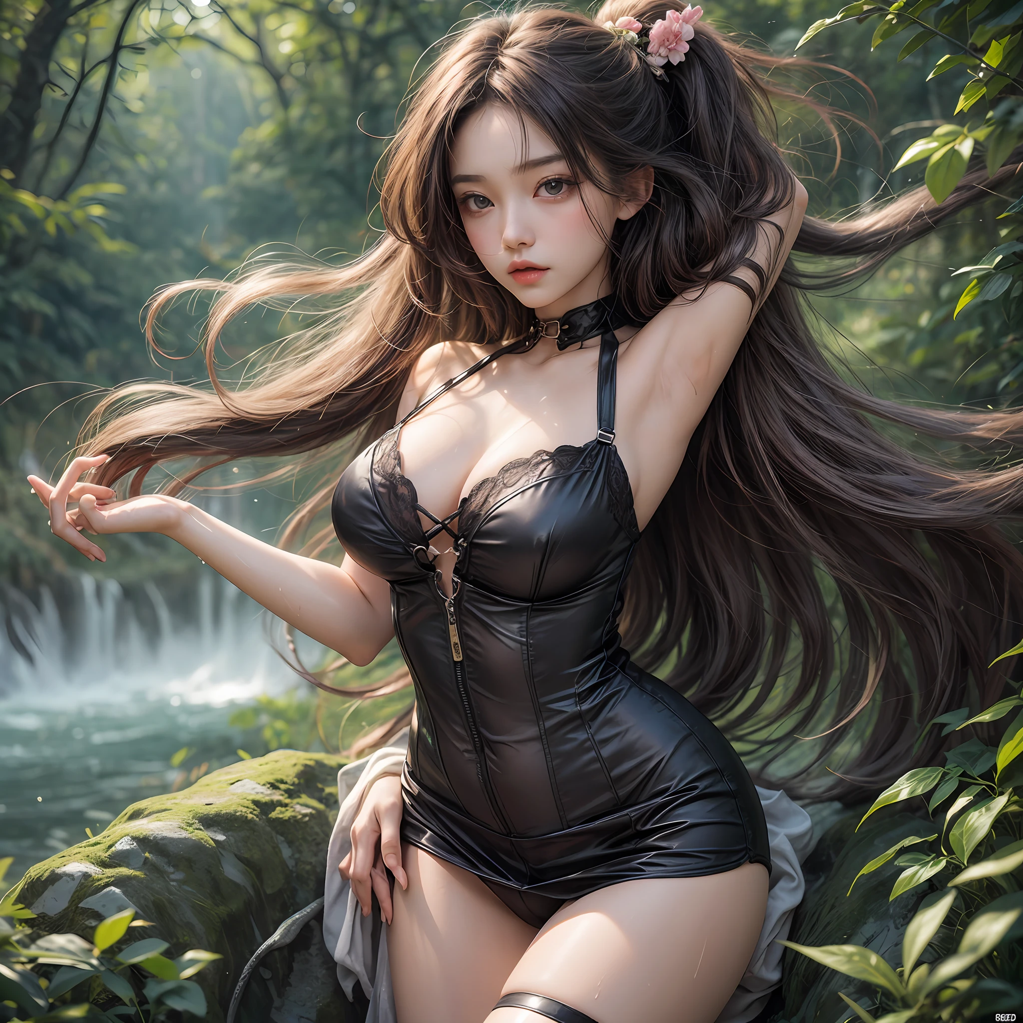 Holding a large see-through stole with pale pink floral pattern with both hands、Swaying in the wind。dark color、shackle、Halter Neck Bodysuit、Rubber Suit Corset、garterbelts、Upper eye、light-colored skin and loose navel skin,,,,,,,,,,,,,,,,,,,,,,。Skirt flutters in the wind and spreads。Dynamic Posing。Dancing Poses。
Loose clothing shows shoulders。Very beautiful girl at 19 years old。
Hair swaying in the wind。 masutepiece、Best Photoreal、portlate、Sheer clothing、wetted skin、Wet hair、Sexy look、Functional、Bewitching、Clothes with an open back、Oblique composition、Waterfall in the forest、Big hair ornament、Medium chest、Navel Ejection、Shiny knee-high socks、Bold open chest clothes、、hair adornments、