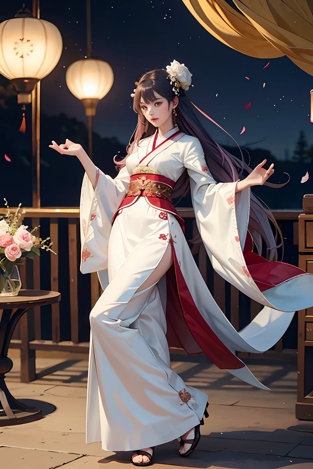 Need,tmasterpiece,A high resolution,(Delicate figure:1.5),Absolutely beautiful,(Milky skin:1.3),exquisitedetails,A high resolution,Wallpapers,1female,独奏,shift dresses,hair adornments,(Golden and red dress)，florals, long whitr hair, Purple hair big breasts, ssmile，trinkets, longer sleeves, Raise Hand, Wide sleeves, Big eyes, Fluttering, Hanfu, Hanfu, embroidery, long  skirt, natural poses, falling flower petals, inside in room, Fanning,lanterns，16K，HDR，A high resolution，depth of fields，（filmgrain：1.1），Bocoon，prime time，（lens flare glow），Vignette，rainbowing，（Color：1.5）
