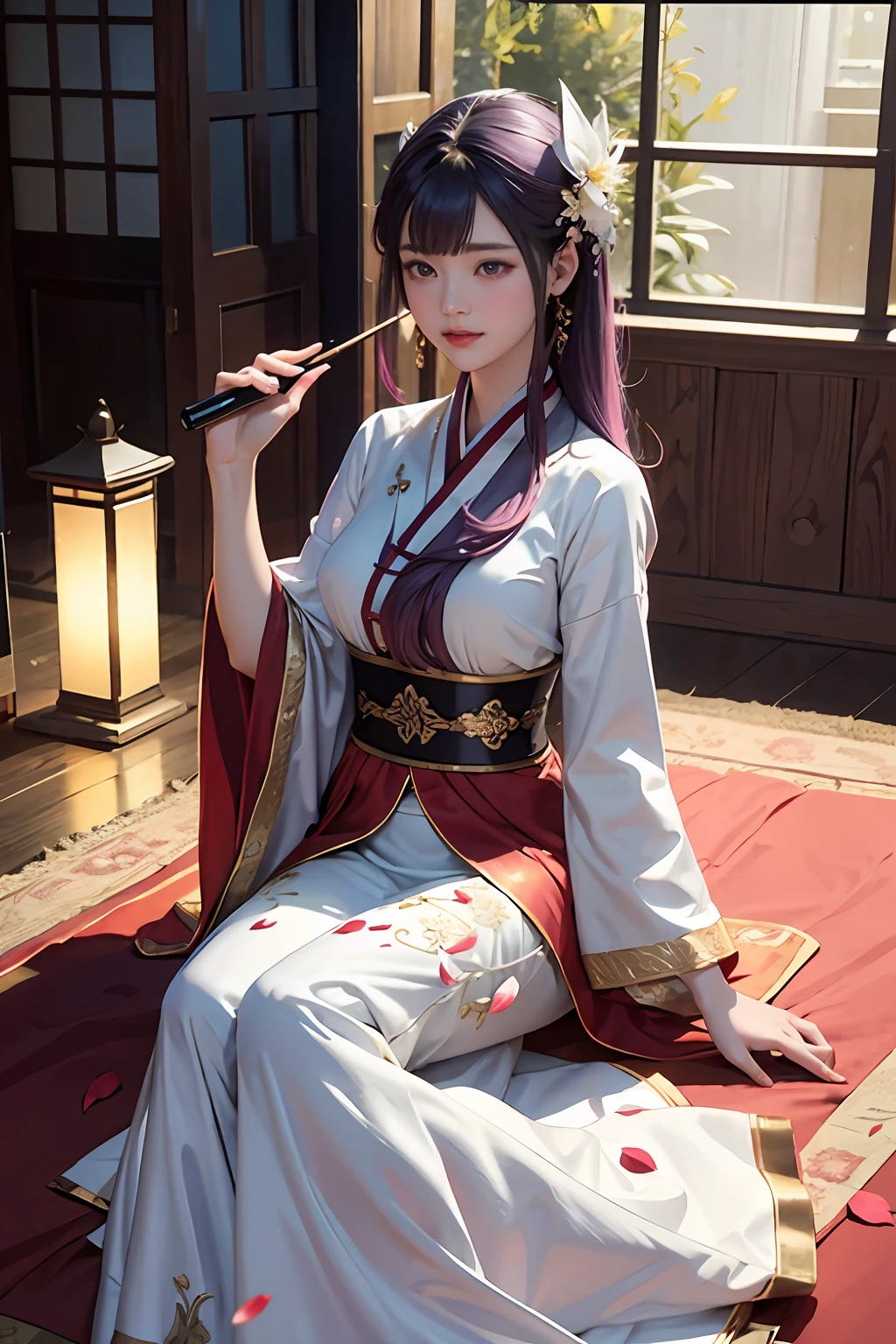 Need,tmasterpiece,A high resolution,(Delicate figure:1.5),Absolutely beautiful,(Milky skin:1.3),exquisitedetails,A high resolution,Wallpapers,1female,独奏,shift dresses,hair adornments,(Golden and red dress),florals, long whitr hair, Purple hair big breasts, ssmile,trinkets, longer sleeves, Raise Hand, Wide sleeves, Big eyes, Fluttering, Hanfu, Hanfu, embroidery, long skirt, natural poses, falling flower petals, inside in room, Fanning,lanterns,16K,HDR,A high resolution,depth of fields,(filmgrain:1.1),Bocoon,prime time,(lens flare glow),Vignette,rainbowing,(Color:1.5)