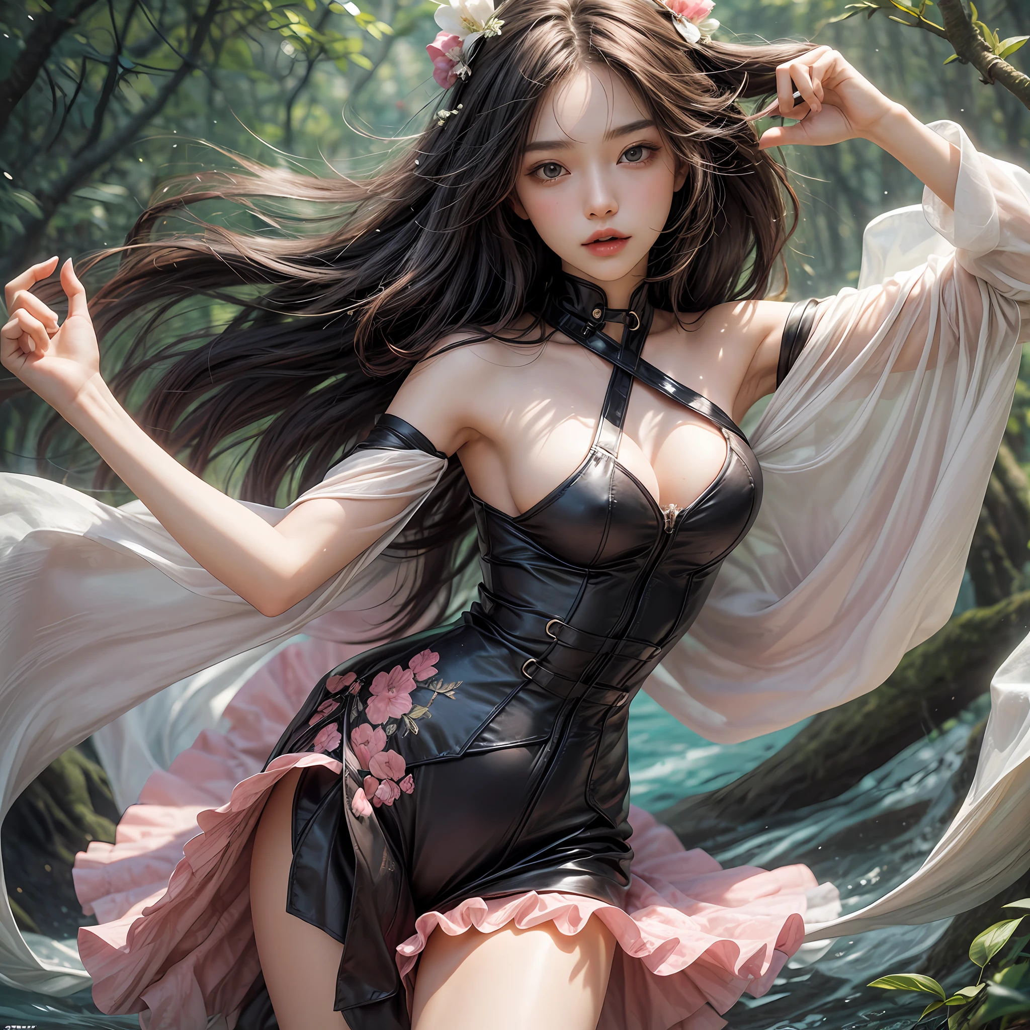 Holding a large see-through stole with pale pink floral pattern with both hands、Swaying in the wind。dark color、shackle、Halter Neck Bodysuit、Rubber Suit Corset、garterbelts、Upper eye、light-colored skin and loose navel skin,,,,,,,,,,,,,,,,,,,,,,。Skirt flutters in the wind and spreads。Dynamic Posing。Dancing Poses。
Loose clothing shows shoulders。Very beautiful girl at 19 years old。
Hair swaying in the wind。 masutepiece、Best Photoreal、portlate、Sheer clothing、wetted skin、Wet hair、Sexy look、Functional、Bewitching、Clothes with an open back、Oblique composition、Waterfall in the forest、Big hair ornament、Medium chest、Navel Ejection、Shiny knee-high socks、Bold open chest clothes、、hair adornments、