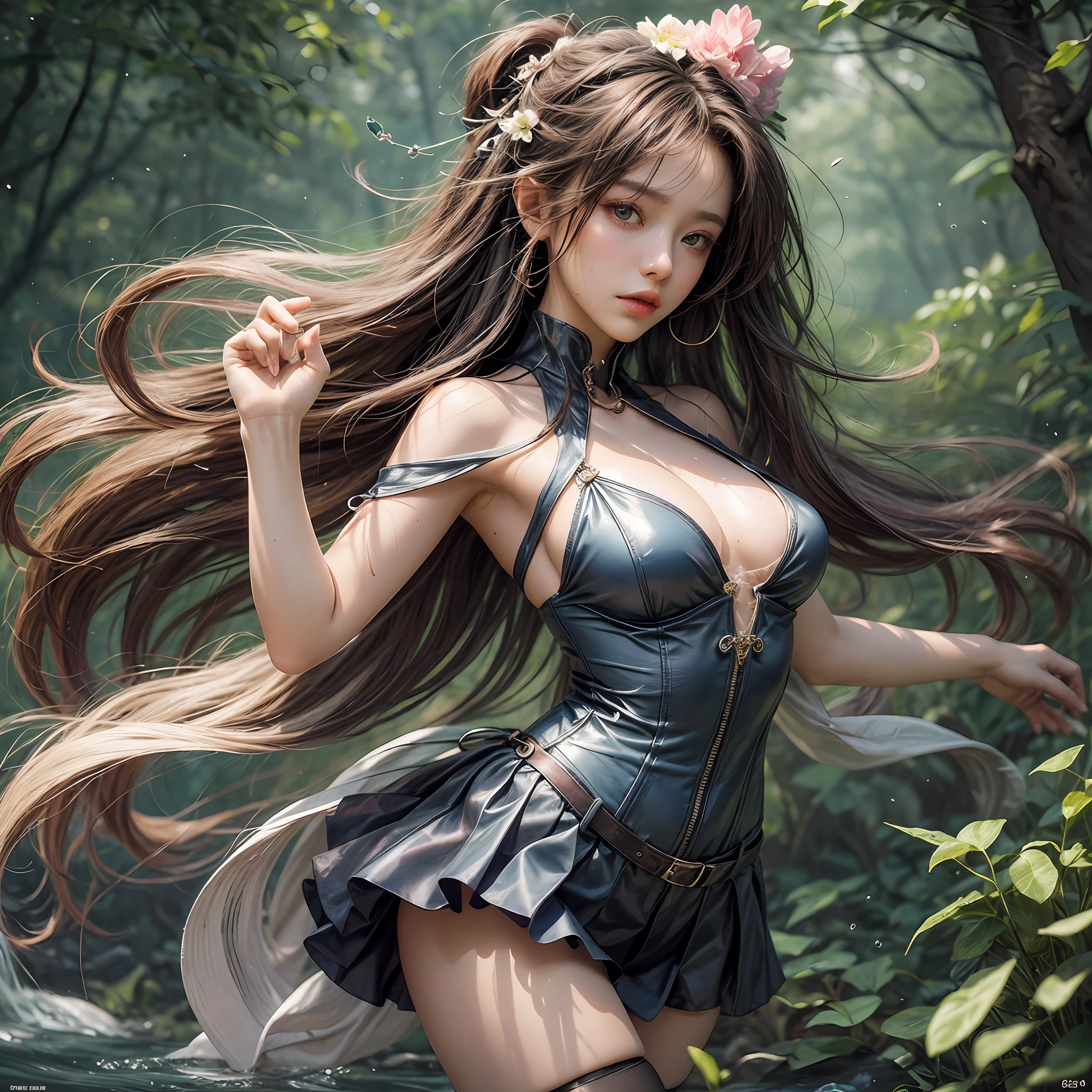 Holding a large see-through stole with pale pink floral pattern with both hands、Swaying in the wind。dark color、shackle、Halter Neck Bodysuit、Rubber Suit Corset、garterbelts、Upper eye、light-colored skin and loose navel skin,,,,,,,,,,,,,,,,,,,,,,。Skirt flutters in the wind and spreads。Dynamic Posing。Dancing Poses。
Loose clothing shows shoulders。Very beautiful girl at 19 years old。
Hair swaying in the wind。 masutepiece、Best Photoreal、portlate、Sheer clothing、wetted skin、Wet hair、Sexy look、Functional、Bewitching、Clothes with an open back、Oblique composition、Waterfall in the forest、Big hair ornament、Medium chest、Navel Ejection、Shiny knee-high socks、Bold open chest clothes、、hair adornments、