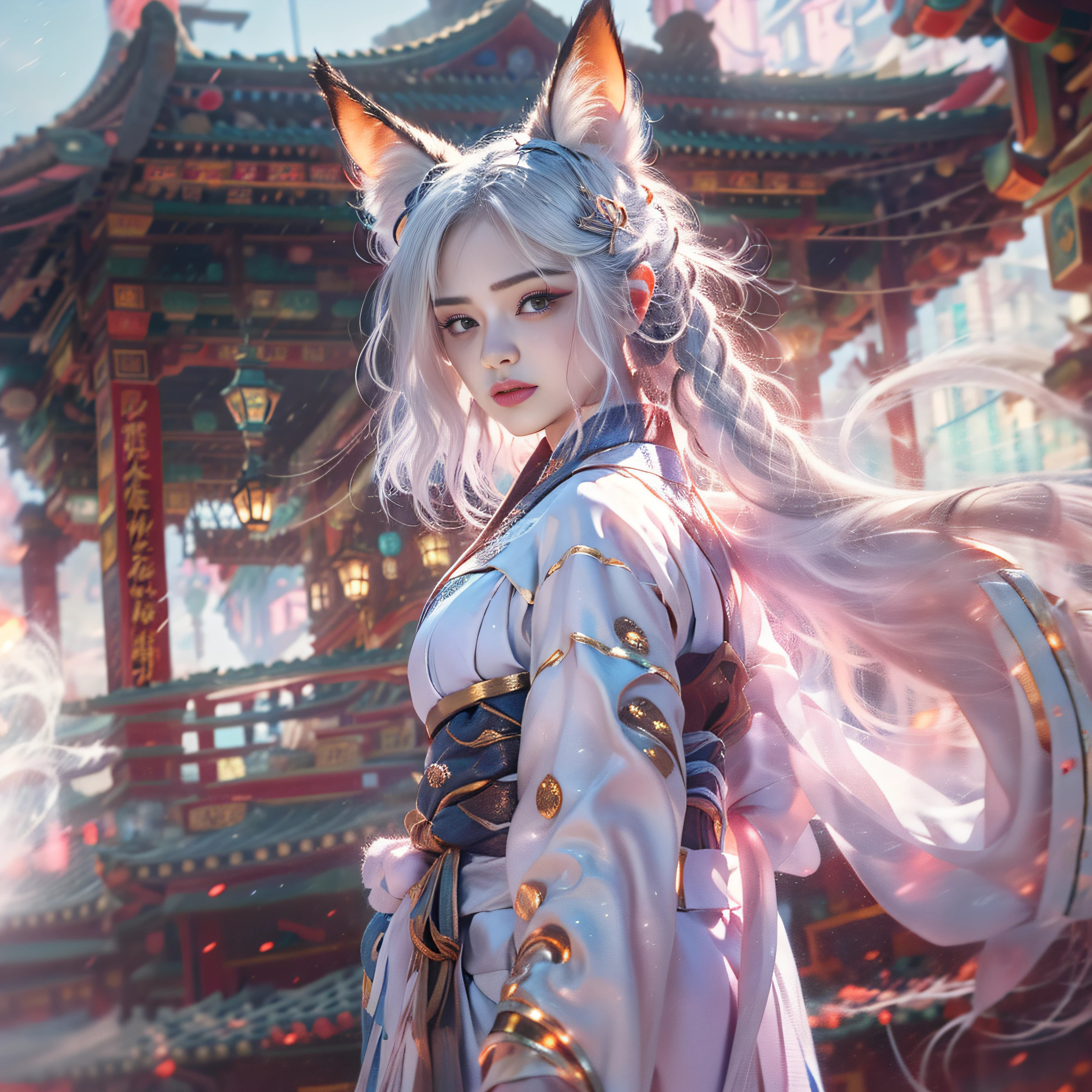 Fox ears white hair girl,Dressed in gorgeous Hanfu, Stand and look into the distance,Quaint building next to it,she has a distant expression, profile pose,highly detailed,tmasterpiece,hyper-high detail,illustratio,The upper part of the body,dynamic angle,world mastery theater,Long messy hair,best qualtiy,the Extremely Detailed CG Unity 8K Wallpapers,ink,astounding,电影灯光,lens flare glow,