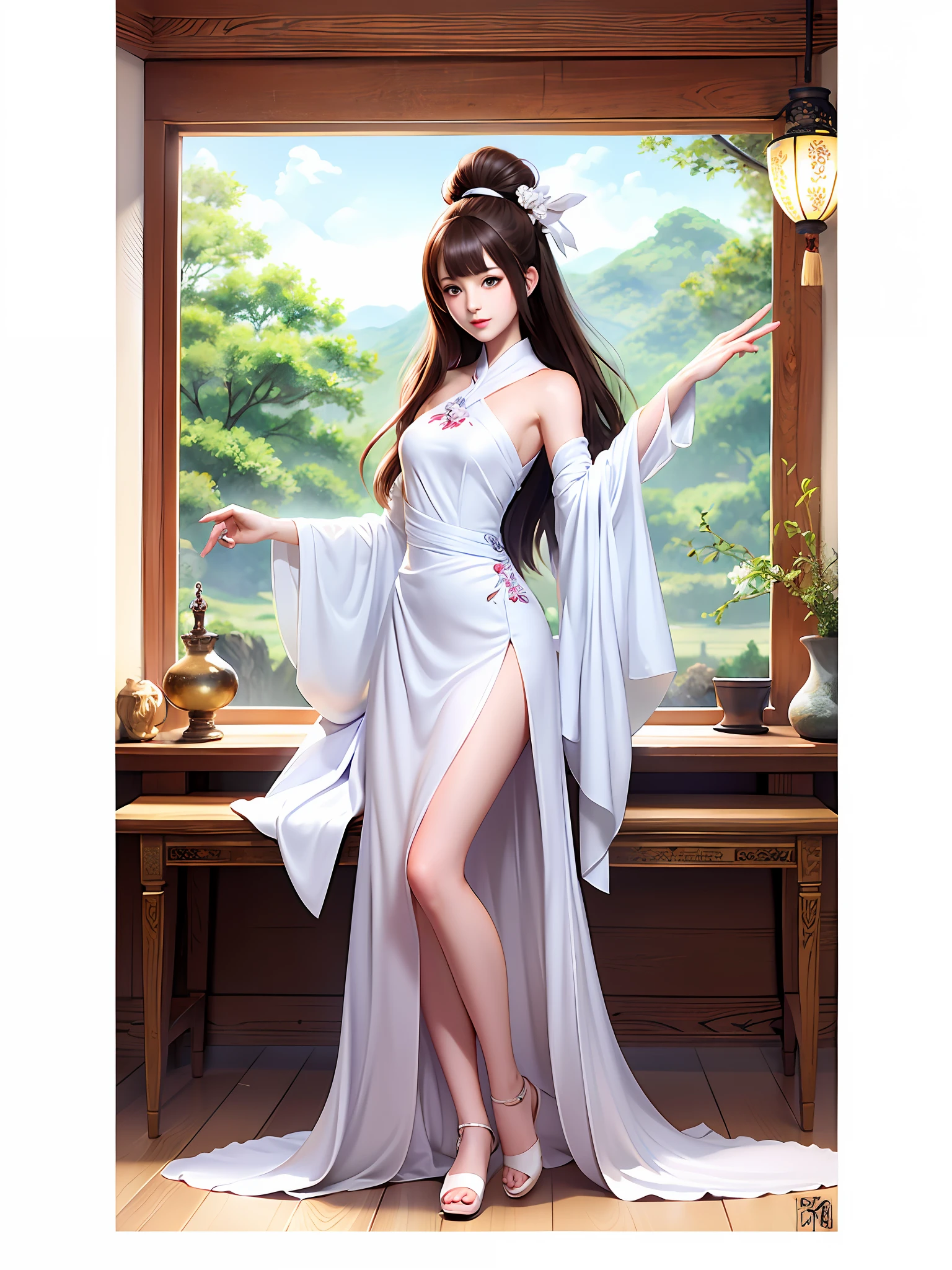 Anime, Watercolor, Chinese Painting, Painting, Art, (White Background: 1.4), Original, (Illustration: 1.1), (Boutique), (Masterpiece: 1.1), (Color: 0.9), (Medium Scene: 1.4), (Full Body: 1.05), (Single: 1.2), Clear and Sharp Focus, Indoors, Looking at the Audience, A Naked Young Woman, ((Beautiful)), Beautiful Face, Brown Hair, Black Eyes,