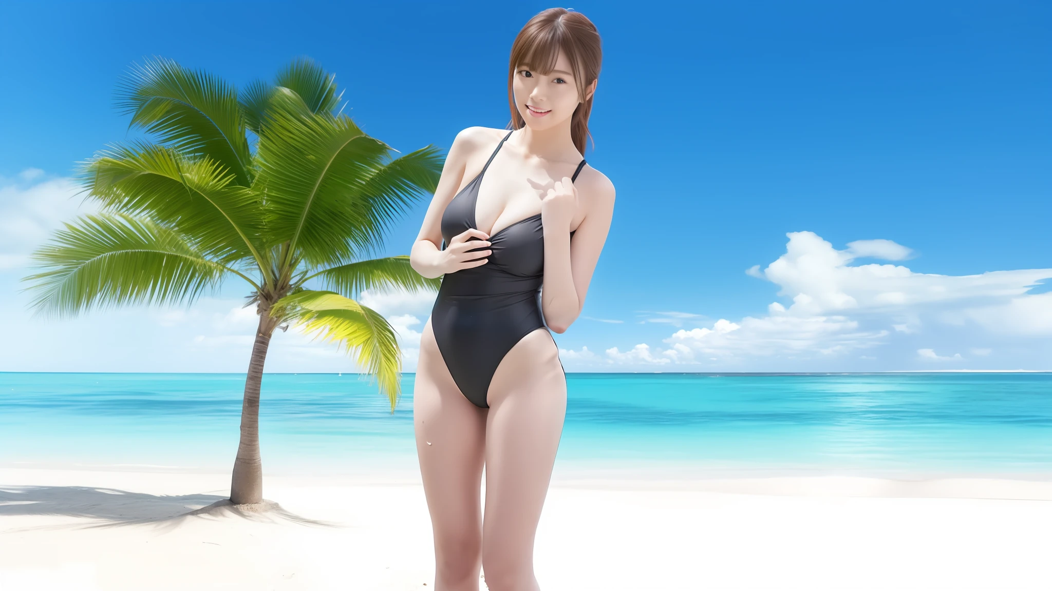 UHD, retina, masterpiece, ccurate, anatomically correct, textured skin, super detail, high details, high quality, best quality, highres, award winning, HD, 16k, There is a woman in a black swimsuit standing on the beach, wearing a swimming wear, Wet swimsuit, Swimsuit, 奈良美智, Black swimsuit, Realistic Young Gravure Idol, Asuka as a surfer model, monokini, Chiho Aoshima, sophisticated gravure idol, Photorealistic perfect body, deayami kojima