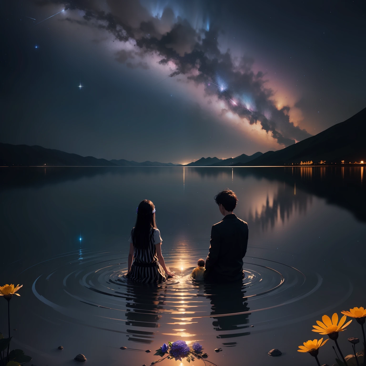 nigh sky,Several meteors streaked across and dragged out bright streamers,Calm lake,Inverted night sky,There is a small island in the lake with many bright flowers,Two figures relying on each other,looking at the stars