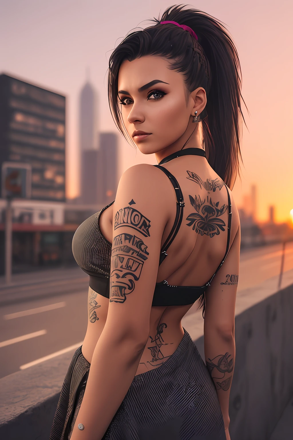 20 year old woman, (More realistic skin texture:1.2), natural skin textur, tanned skin, ponytail hairstyle
(frightened:1.2), kat sweets poses, leaning, sexy photo, Cloth & Dress, (Tattoo), nvinkpunk Detailed cyberpunk city, sunset
lightroom