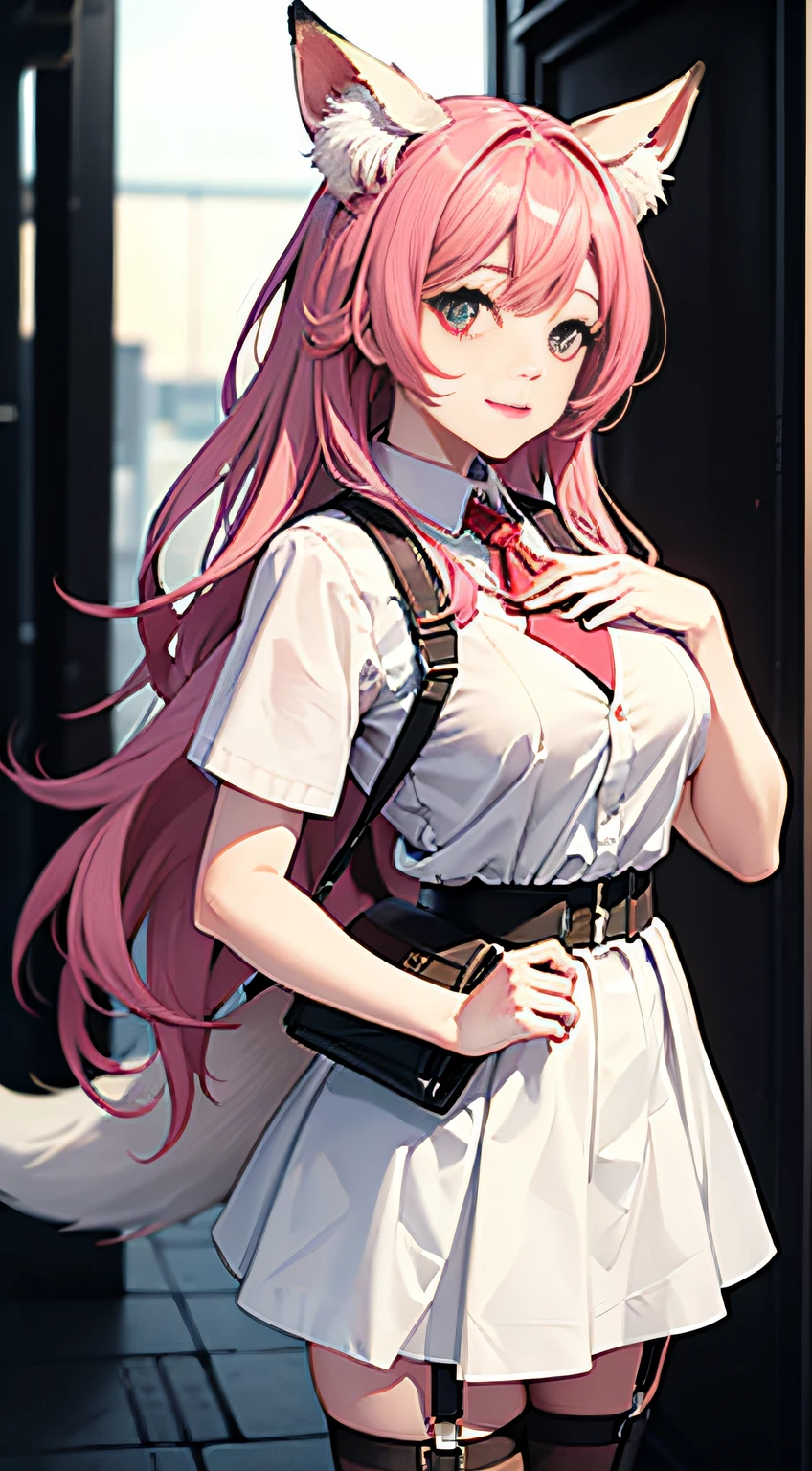 one-girl,(grown woman:1.21),white short sleeve,(鎖骨:1.1),(Gilet blanc:1.11),(nabel),(long white hair:1.1),long whitr hair,黑The eye, pleatedskirt,a skirt,chest circumference,Pink hair,red fox,beast ear,fox tails