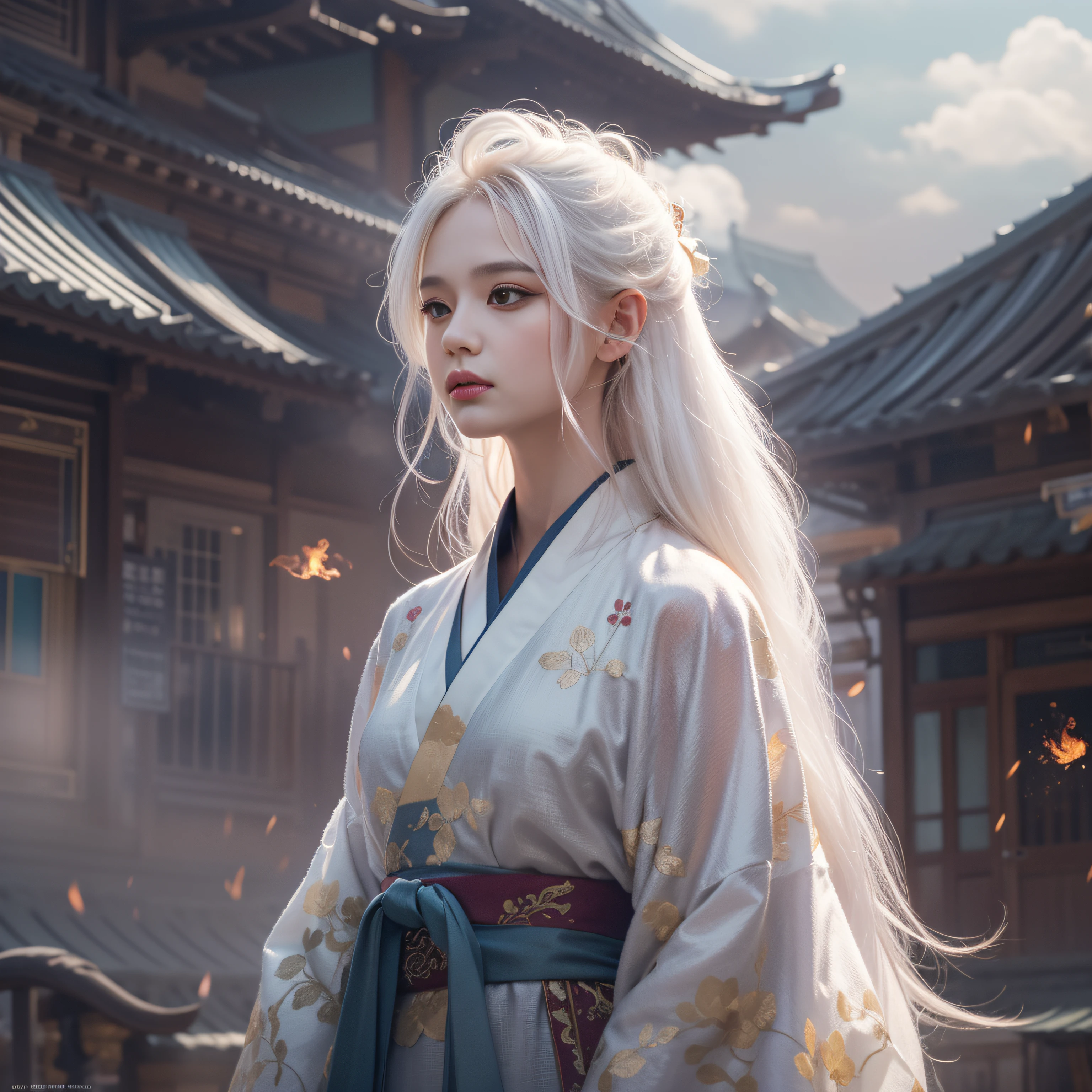 Fox ears white hair girl,Dressed in gorgeous Hanfu, Stand and look into the distance,Quaint building next to it,she has a distant expression, profile pose,highly detailed,tmasterpiece,hyper-high detail,illustratio,dynamic angle,world mastery theater,Long messy hair,best qualtiy,the Extremely Detailed CG Unity 8K Wallpapers,电影灯光,lens flare glow,highly detailed,Amazing, complex, elite, Art Nouveau, elegant, Luxurious, greg rutkovsky, Vector art beautiful character design, Dual exposure shooting, Luminous design, winning artwork, tmasterpiece,