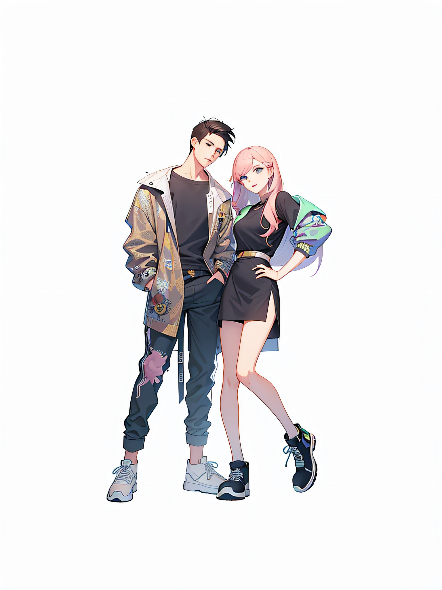 Anime couple standing side by side，white backgrounid, loish and ross tran, High-quality fanart, couple pose, Style anime, Boy and girl, Ross Tran style, jazza and rossdraws, Guviz-style artwork, lovely art style, Casual pose, cute couple, Full body illustration, KDA和Sam Yang。, official fanart