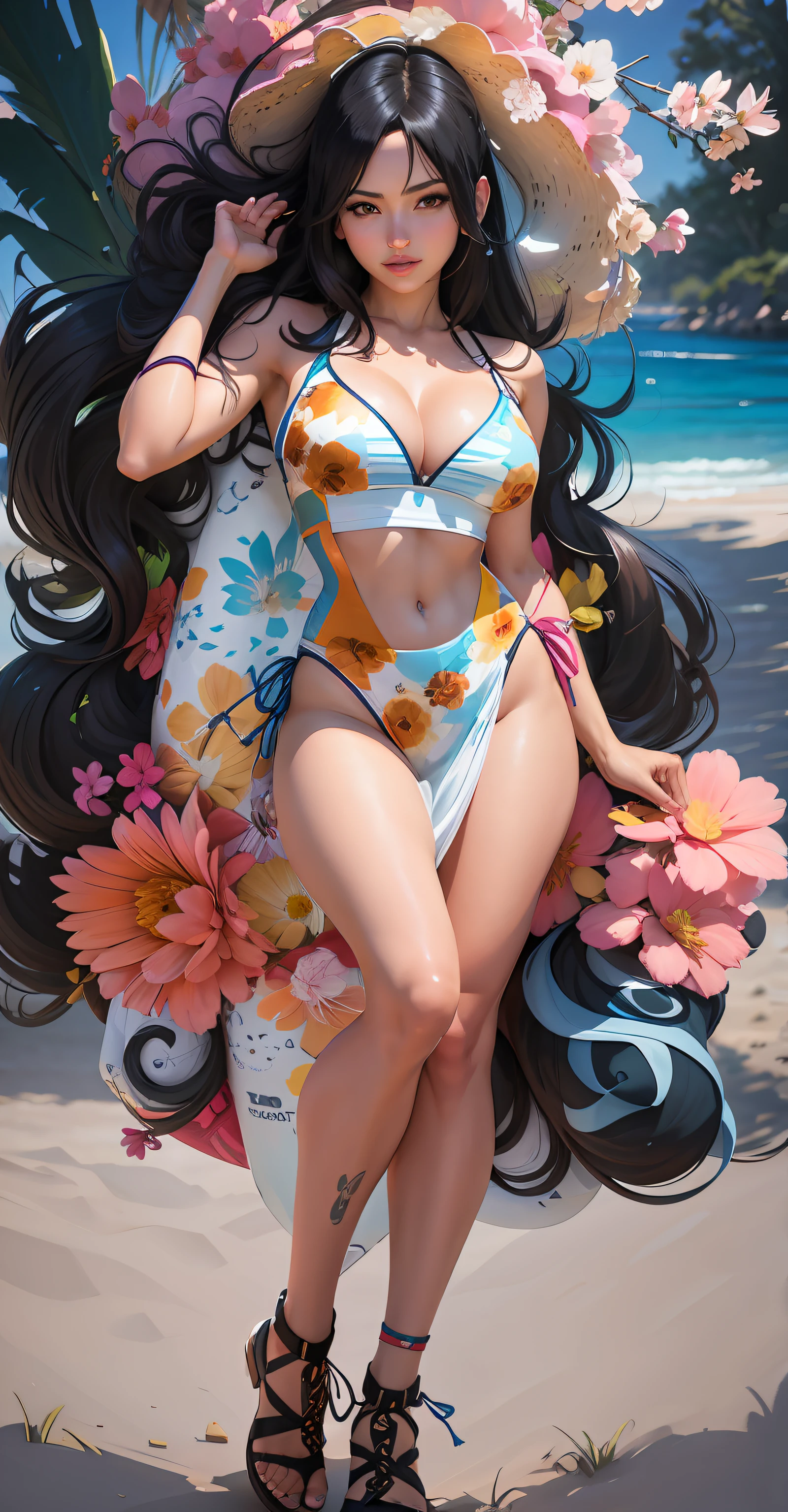 Una caricatura de una mujer en bikini con un top floreado, Nico Robin, seductora chica de anime, Bikini realista, Hermosa y seductora mujer de anime, commission for high resolution, swimsuit, attire: bikini, seductor retrato de Tifa Lockhart, is wearing a swimsuit, Tifa Lockhart, Tifa, fullbody commission for, oc commission, Marin Kitagawa Fanart, swimming suit, Camiseta vectorial lista para imprimir, Colorful graffiti illustration of a beautiful young woman in her 20s, hermosa cara sonriente, con toques de color, painting oil painting, colores ricos, action shot, gran detalle, fondo blanco, Araffe sentada en una rama con un fondo blanco, sin fondo