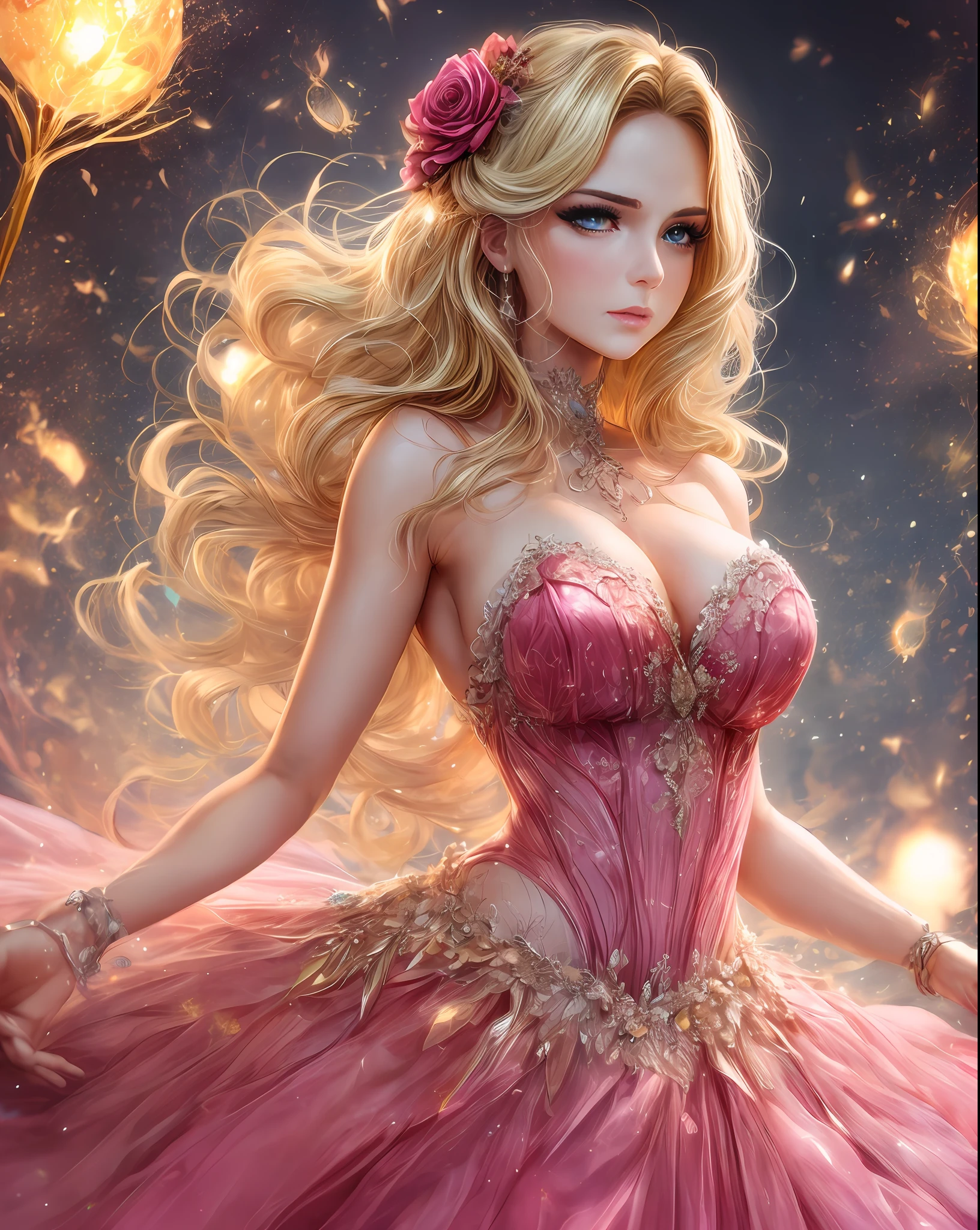 beautiful alluring (blonde barbie) power pose (on red carpet)! with (serious expression)!, confident, (blonde wavy hair) wearing (pink ball gown), (prom dress), busty, surrounded by (illuminating fireflies), colorful, idyllic, (modern style anime) --auto --s2