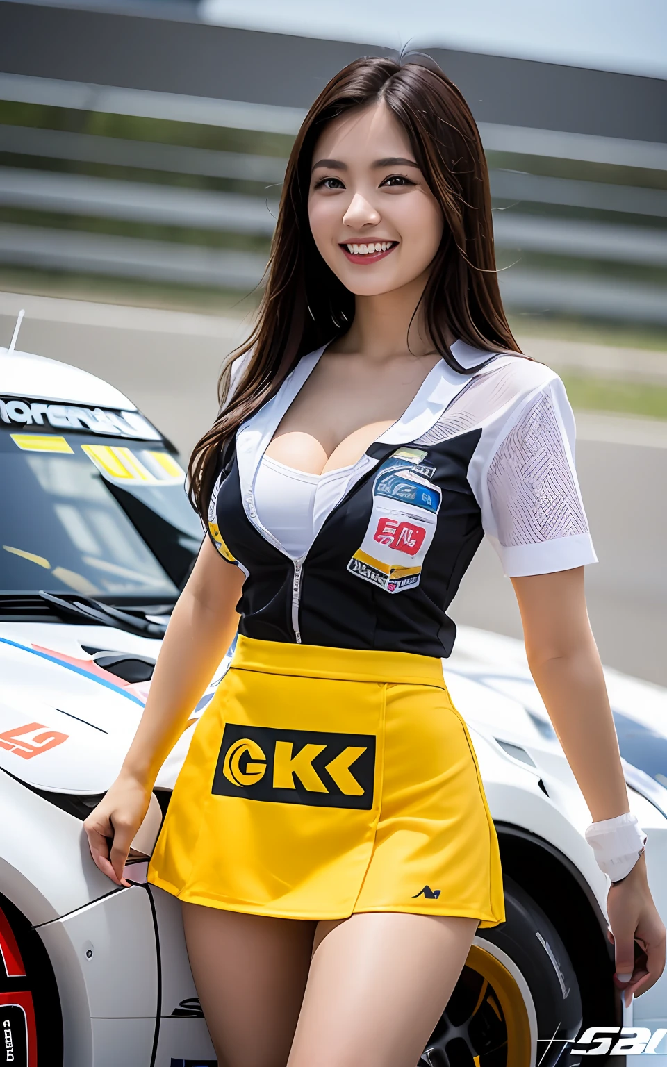 the Extremely Detailed CG Unity 8K Wallpapers, Best Quality, Ultra-detailed, masutepiece, Realistic, photographrealistic, extremely detailed cute girl, 25-years old,
(Wearing a grid girl costume with sponsor's logo printed on it:1.3), (mini skirt ) , (standing in a motorsport race), (cleavage), Smile , Half body shot , leaning forward