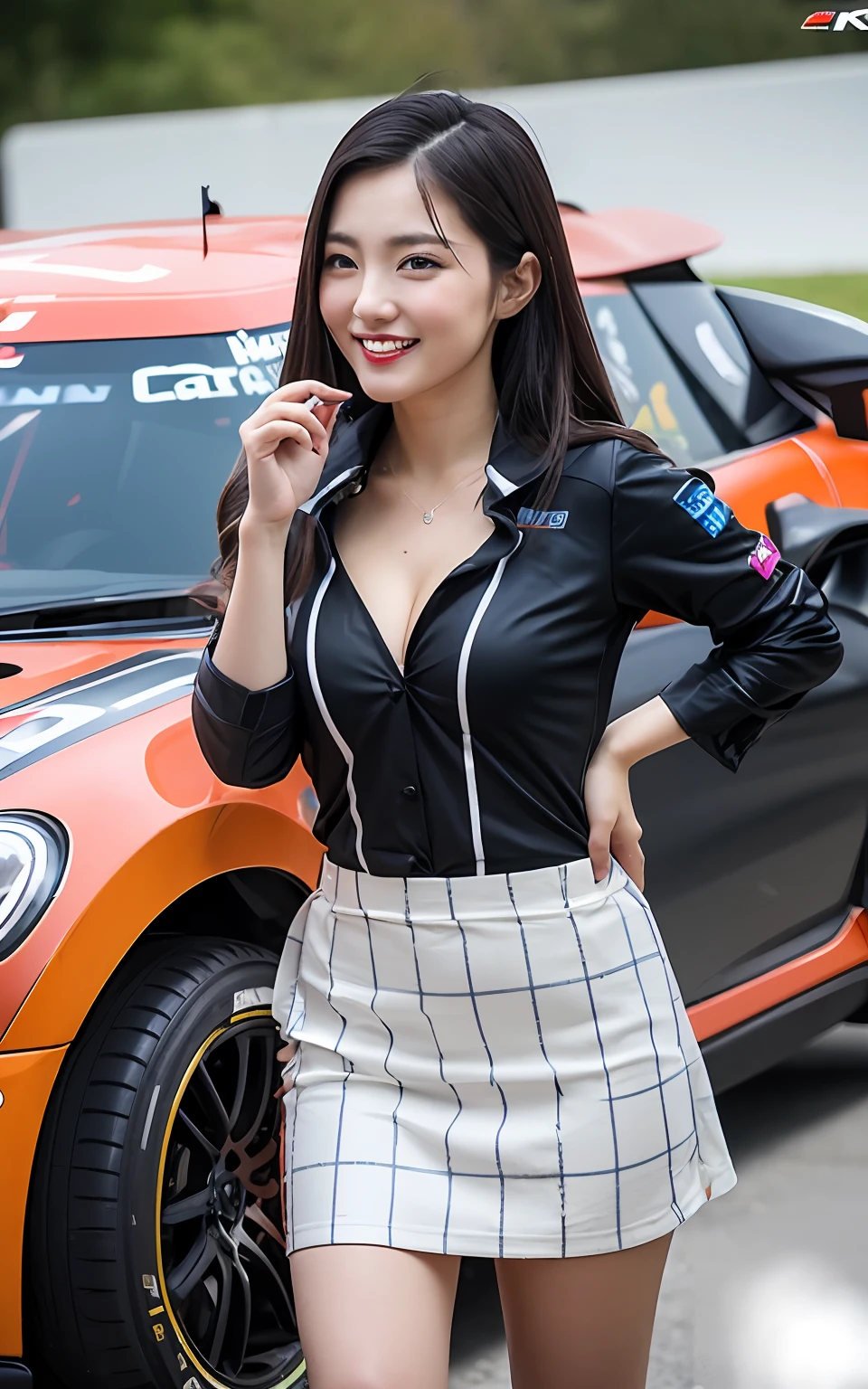 the Extremely Detailed CG Unity 8K Wallpapers, Best Quality, Ultra-detailed, masutepiece, Realistic, photographrealistic, extremely detailed cute girl, 25-years old,
(Wearing a grid girl costume with sponsor's logo printed on it:1.3), (mini skirt ) , (standing in a motorsport race), (cleavage), Smile , Half body shot , leaning forward