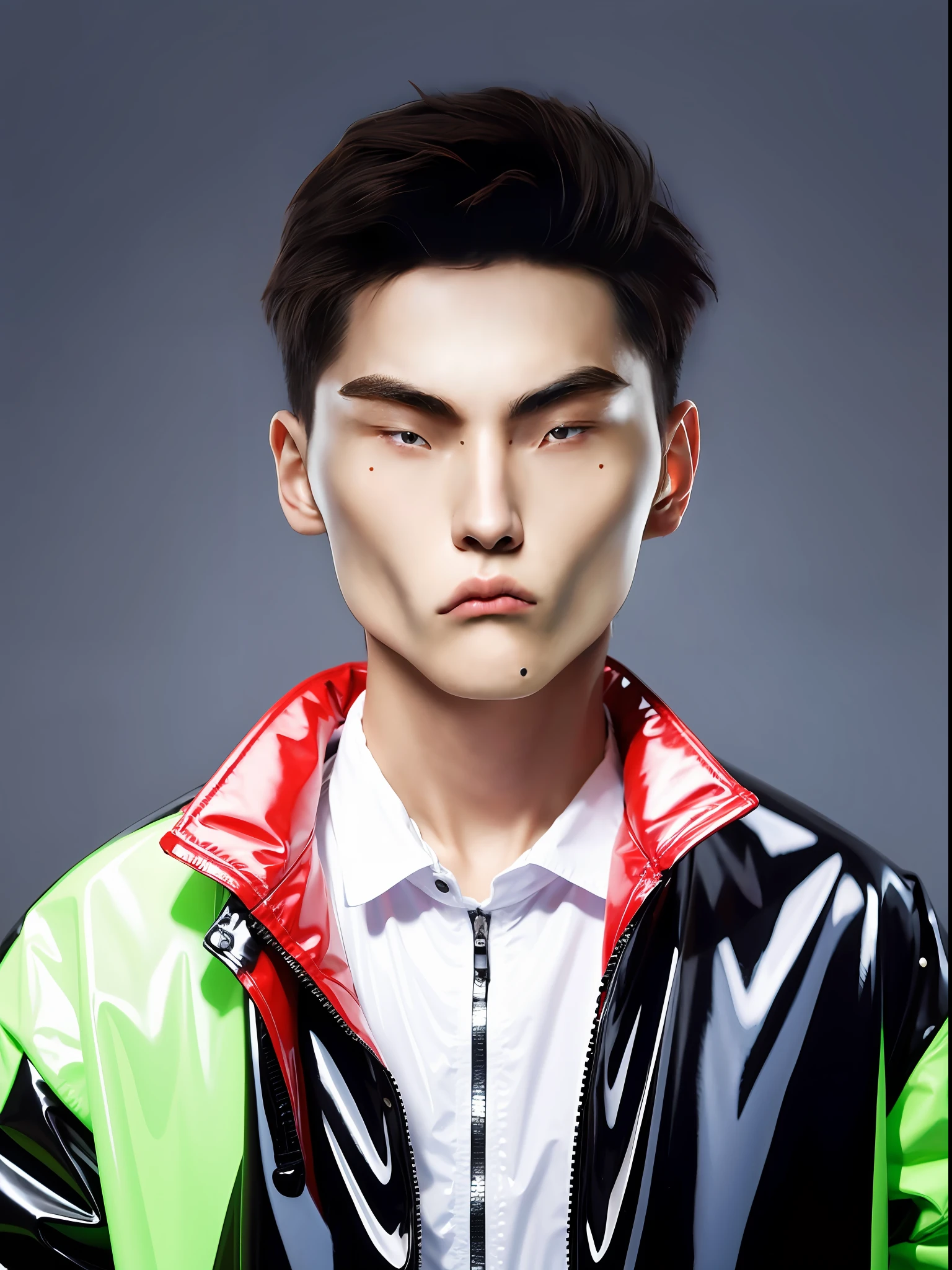 A Chinese boy,Wearing a PVC black jacket
