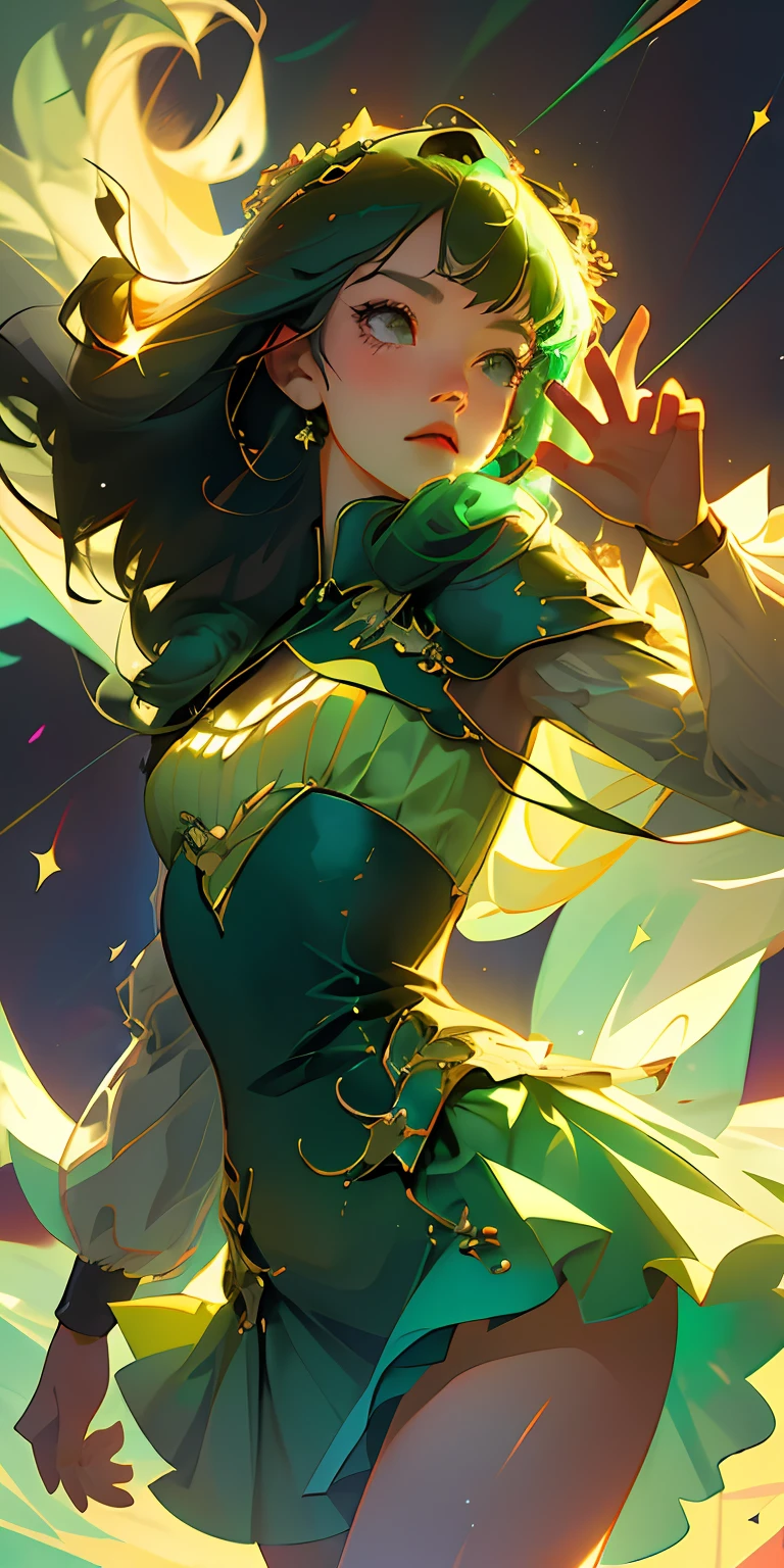 (best qualtiy,tmasterpiece),1girl,lewd poses,Particle,ventania,florals,The upper part of the body,simplebackground,looking at viewert,green long hair,Rocker,milky ways,
