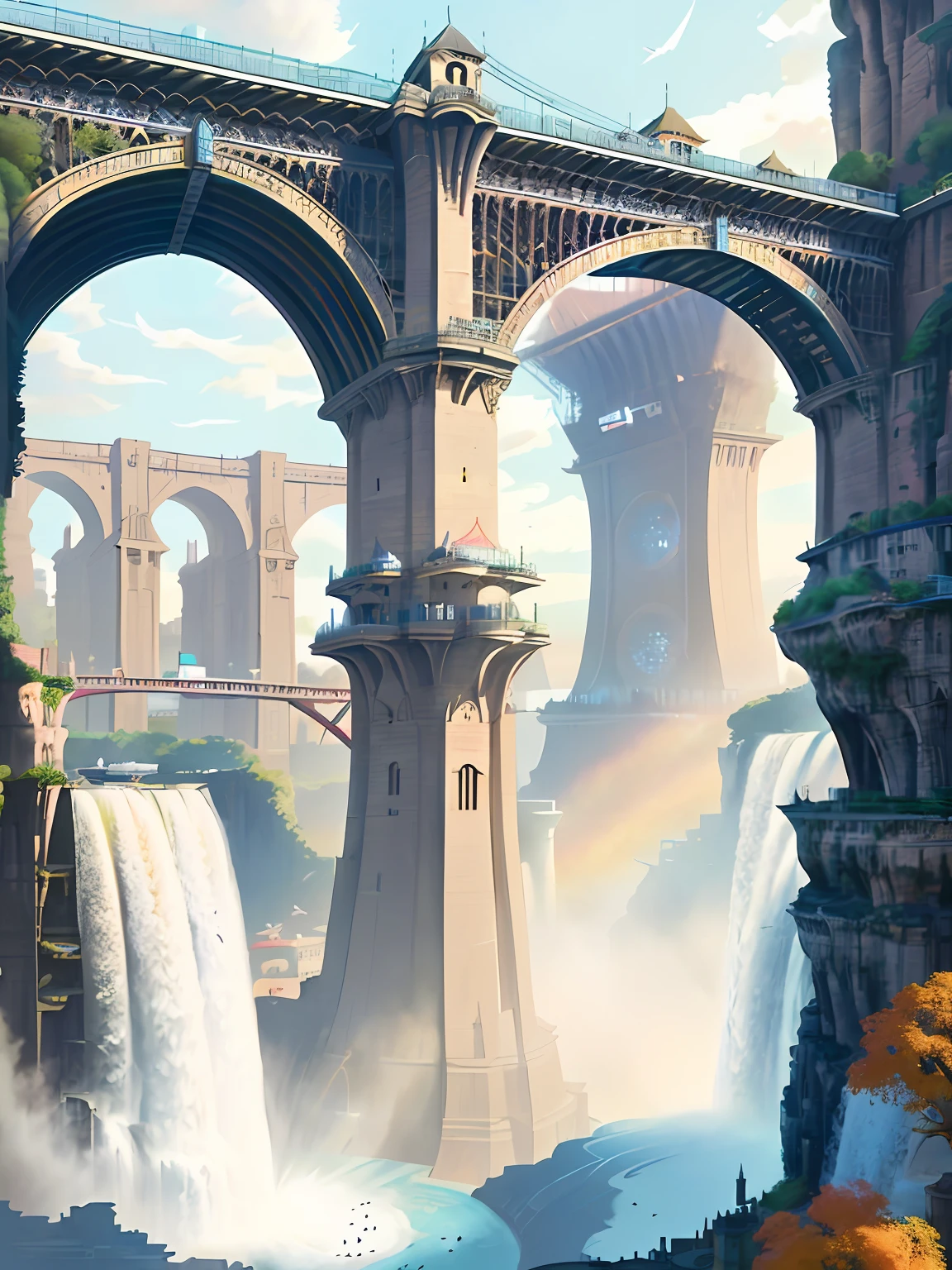 stacked architecture city in river canyon with city with many arches and bridges and flowering terraces, colorful autumn vegetation, sci-fi futuristic architecture, waterfalls, many boats and ships, a matte painting by james gurney, trending on cgsociety, oversaturated, ultra sharp, hyper realistic