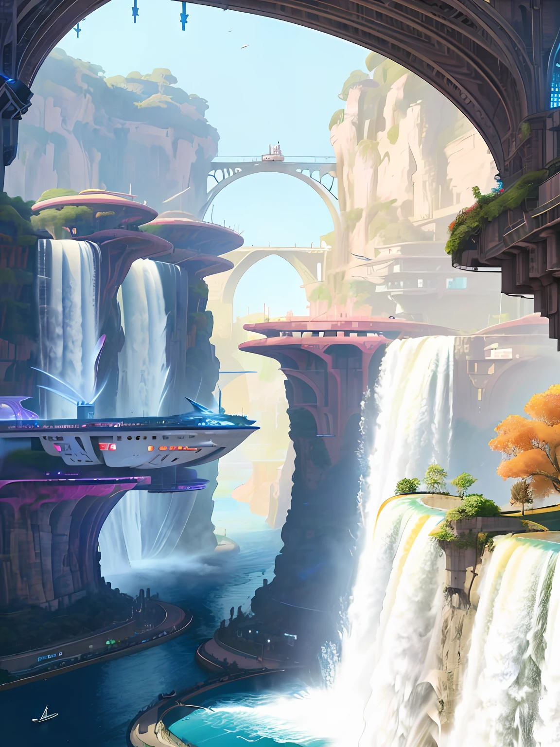 stacked architecture city in river canyon with city with many arches and bridges and flowering terraces, colorful autumn vegetation, sci-fi futuristic architecture, waterfalls, many boats and ships, a matte painting by james gurney, trending on cgsociety, oversaturated, ultra sharp, hyper realistic