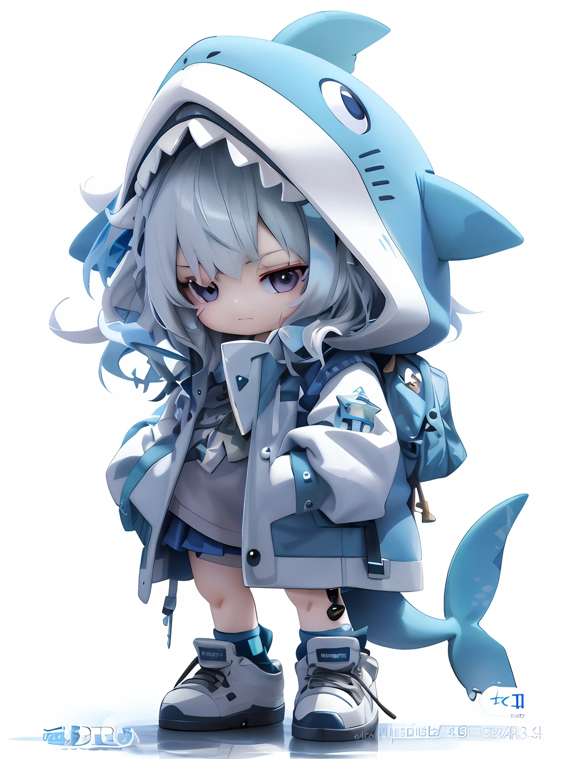 A close-up of a doll,There are sharks on it, render of a cute 3d anime girl, cute 3 d render, water color nendoroid, Cute detailed digital art, Guviz-style artwork, 3 D rendering character art 8 K, From Arknights, style of anime4 K, 3d anime girl, style as nendoroid