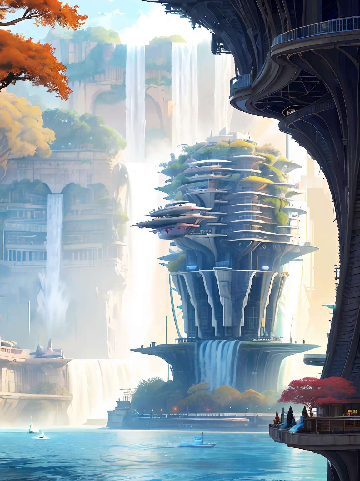 stacked architecture city in river canyon with city with many arches and bridges and flowering terraces, colorful autumn vegetation, sci-fi futuristic architecture, waterfalls, many boats and ships, a matte painting by james gurney, trending on cgsociety, oversaturated, ultra sharp, hyper realistic