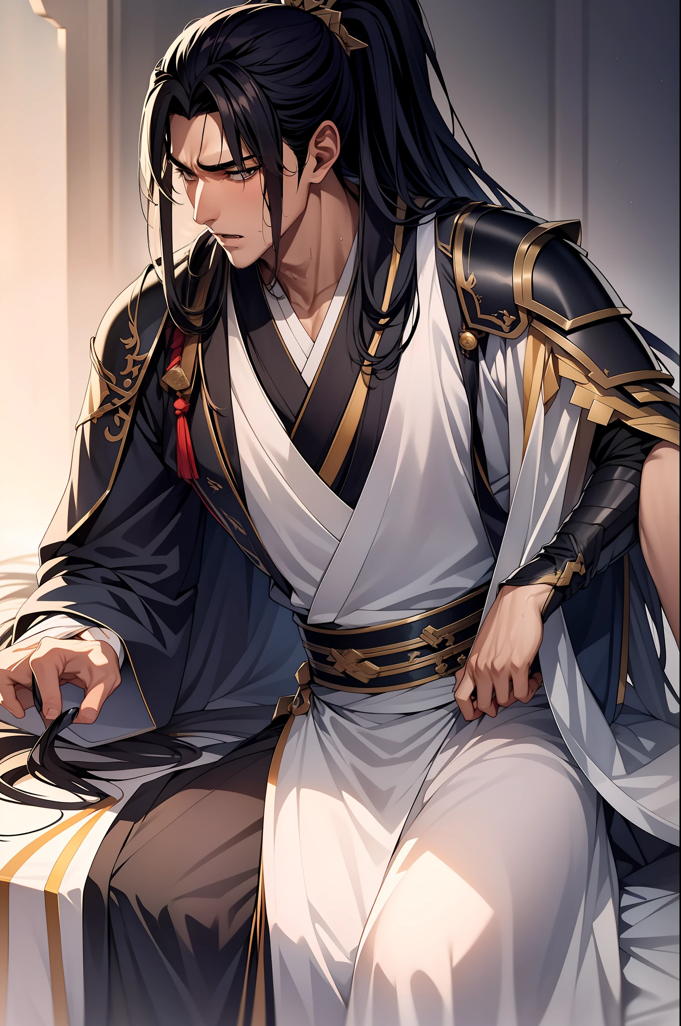 quadratic element,style of anime,mtu(Male Warrior),musculature,The proportions are correct,Face details,swordsmen,High ponytail hairstyle,perspired,Sweat on the face,drools,Neck details,There is an Adam's apple,Get wet,Drenched,Black Hanfu,kaftan,Embroidered robes,Black robe,clothes details,Handing over,longer sleeves,Game quality,Swordsmanship,Light and shadow tracking,Ray traching,detailed glow,cg render,hair detail,cabelos preto e longos,Golden eyes,Sweat on the face,Handsome,Handsome,Beads of sweat slipped down my neck,(juvenile sense),Clothing is complicated,Drenched,Get wet,Perfectcomposition,Refinement,high qulity,higher details,Lots of details,The background is complex,a sense of atmosphere,