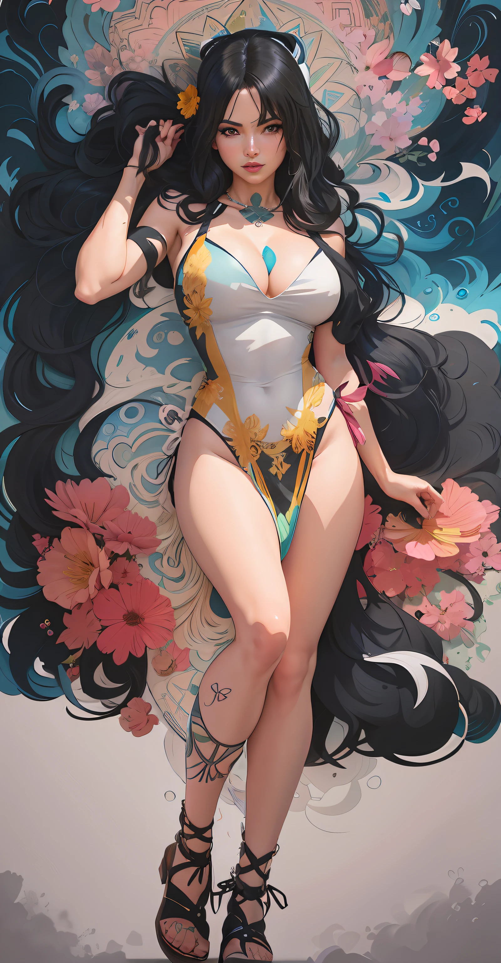 Una caricatura de una mujer en bikini con un top floreado, Nico Robin, seductora chica de anime, Bikini realista, Hermosa y seductora mujer de anime, commission for high resolution, swimsuit, attire: bikini, seductor retrato de Tifa Lockhart, is wearing a swimsuit, Tifa Lockhart, Tifa, fullbody commission for, oc commission, Marin Kitagawa Fanart, swimming suit, Camiseta vectorial lista para imprimir, Colorful graffiti illustration of a beautiful young woman in her 20s, hermosa cara sonriente, con toques de color, painting oil painting, colores ricos, action shot, gran detalle, fondo blanco, Araffe sentada en una rama con un fondo blanco, sin fondo